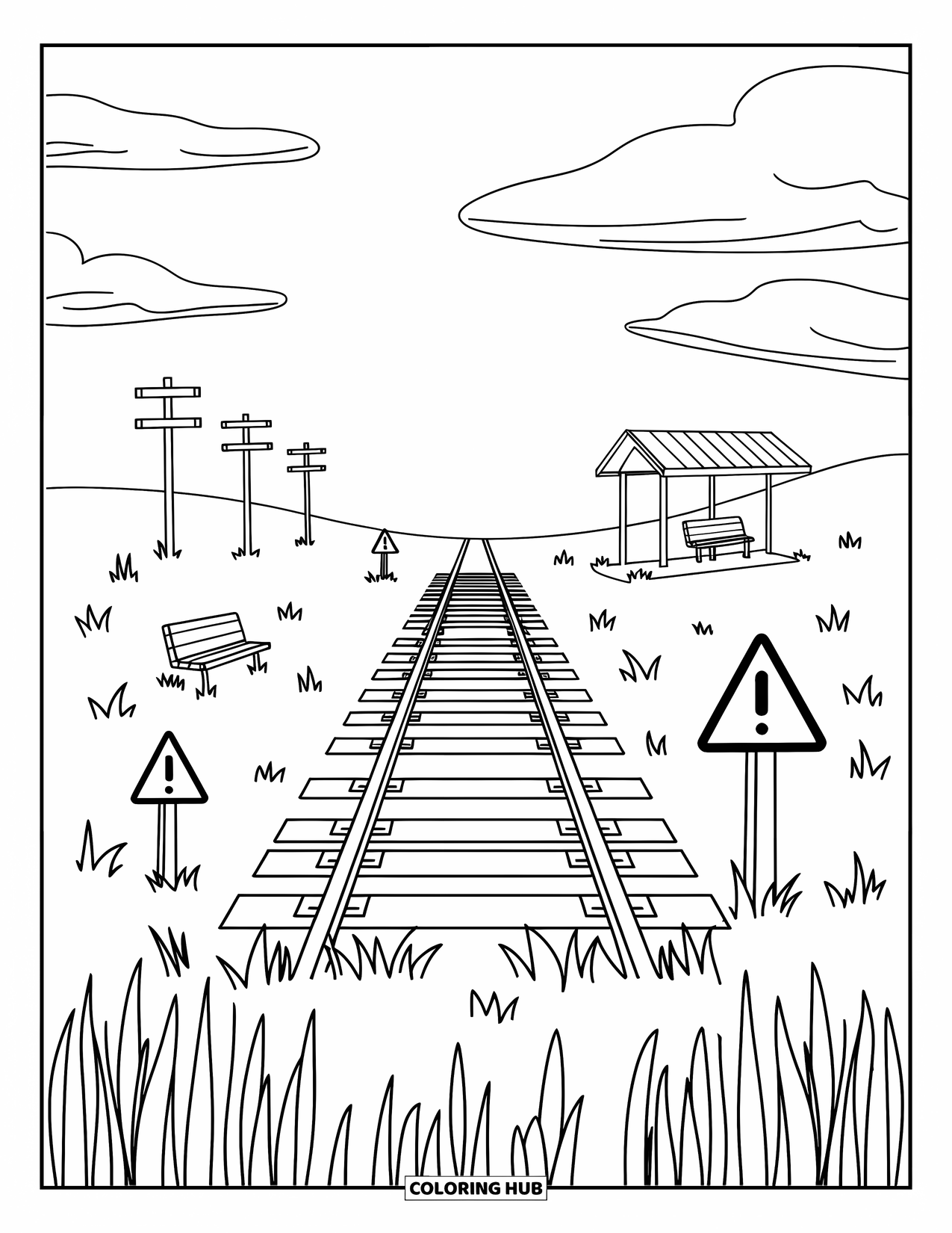 Landscape Coloring Page for Adults: Clouds float above fields where power poles trail beside the tracks