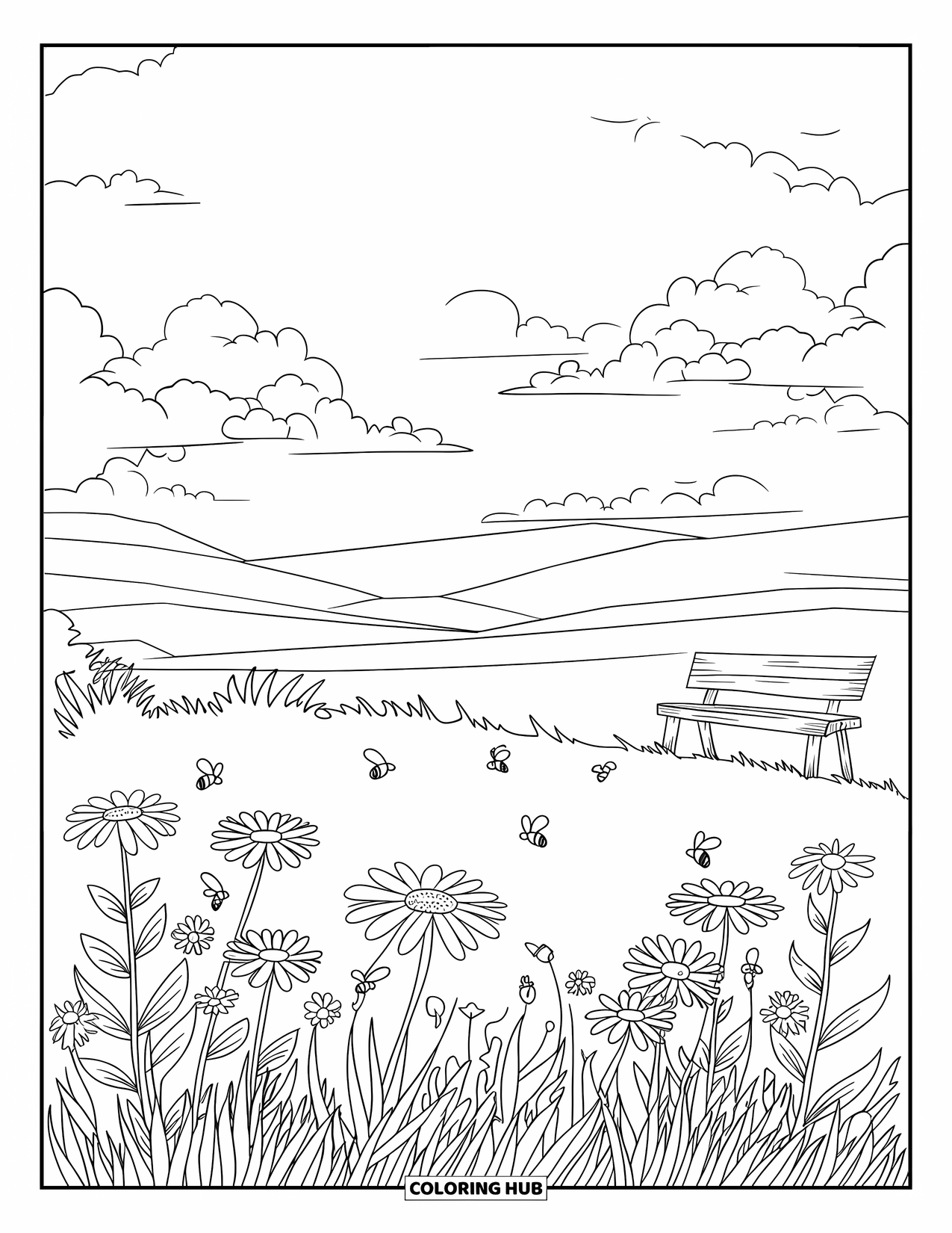 Landscape Coloring Page for Adults: Flowers and bees surround a quiet wooden bench in the meadow
