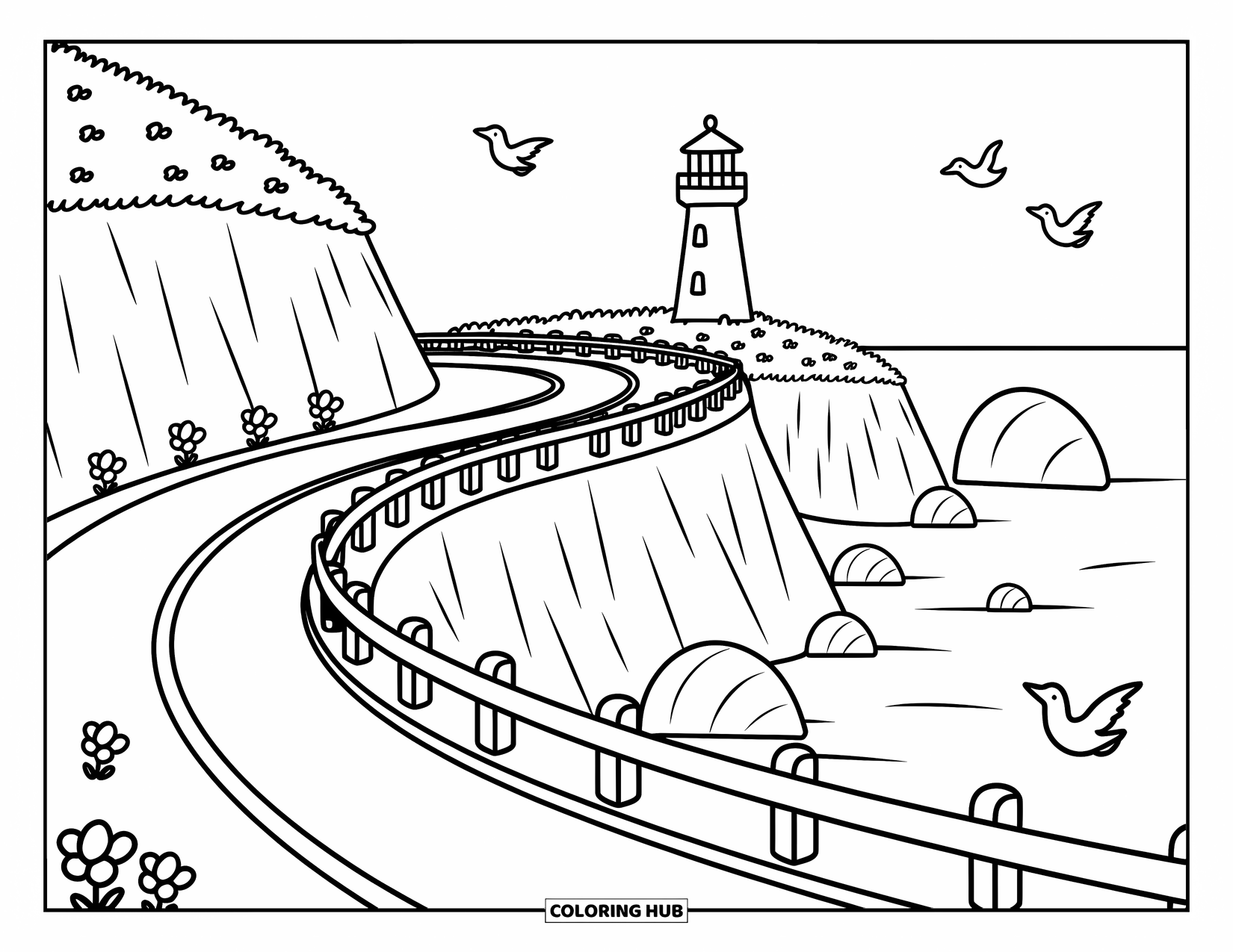Landscape Coloring Page for Adults: Foamy waves sparkle below a cliff road near a tall lighthouse