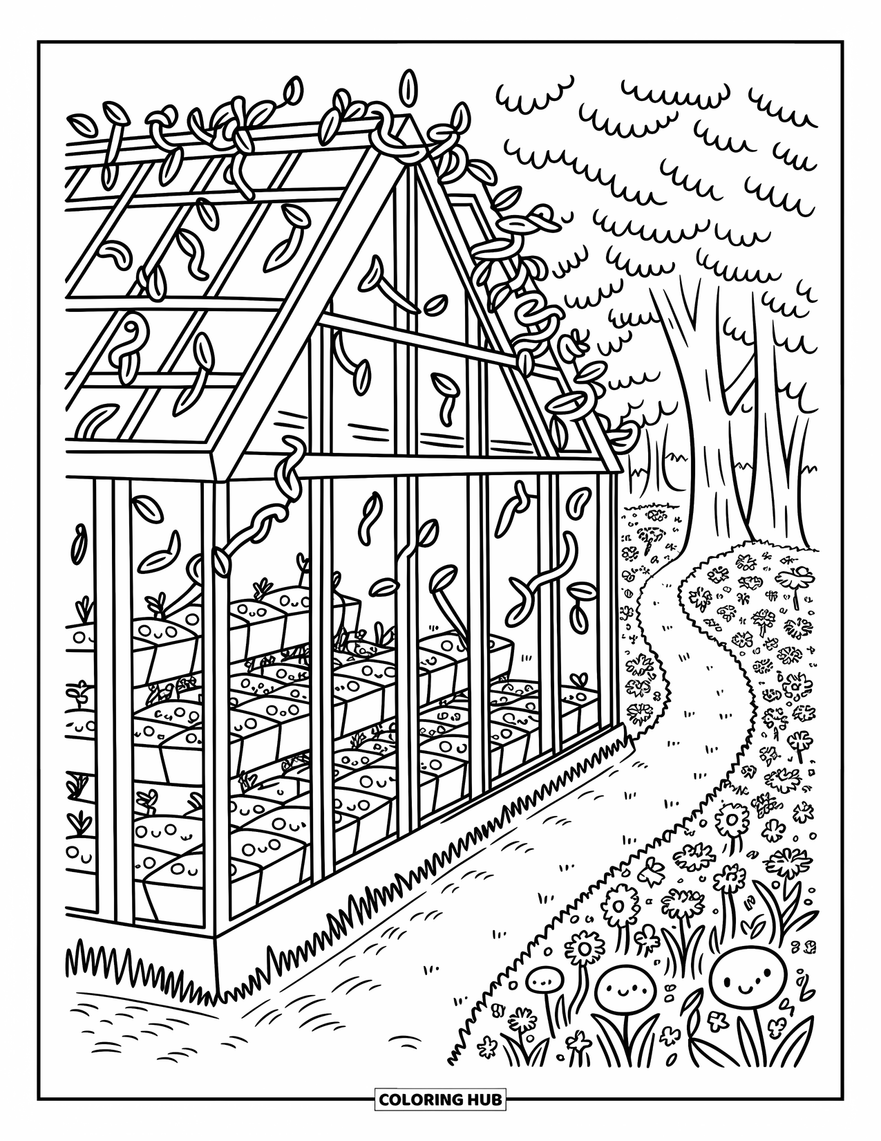 Landscape Coloring Page for Adults: Gardening tools rest outside a glasshouse tucked in wild greenery