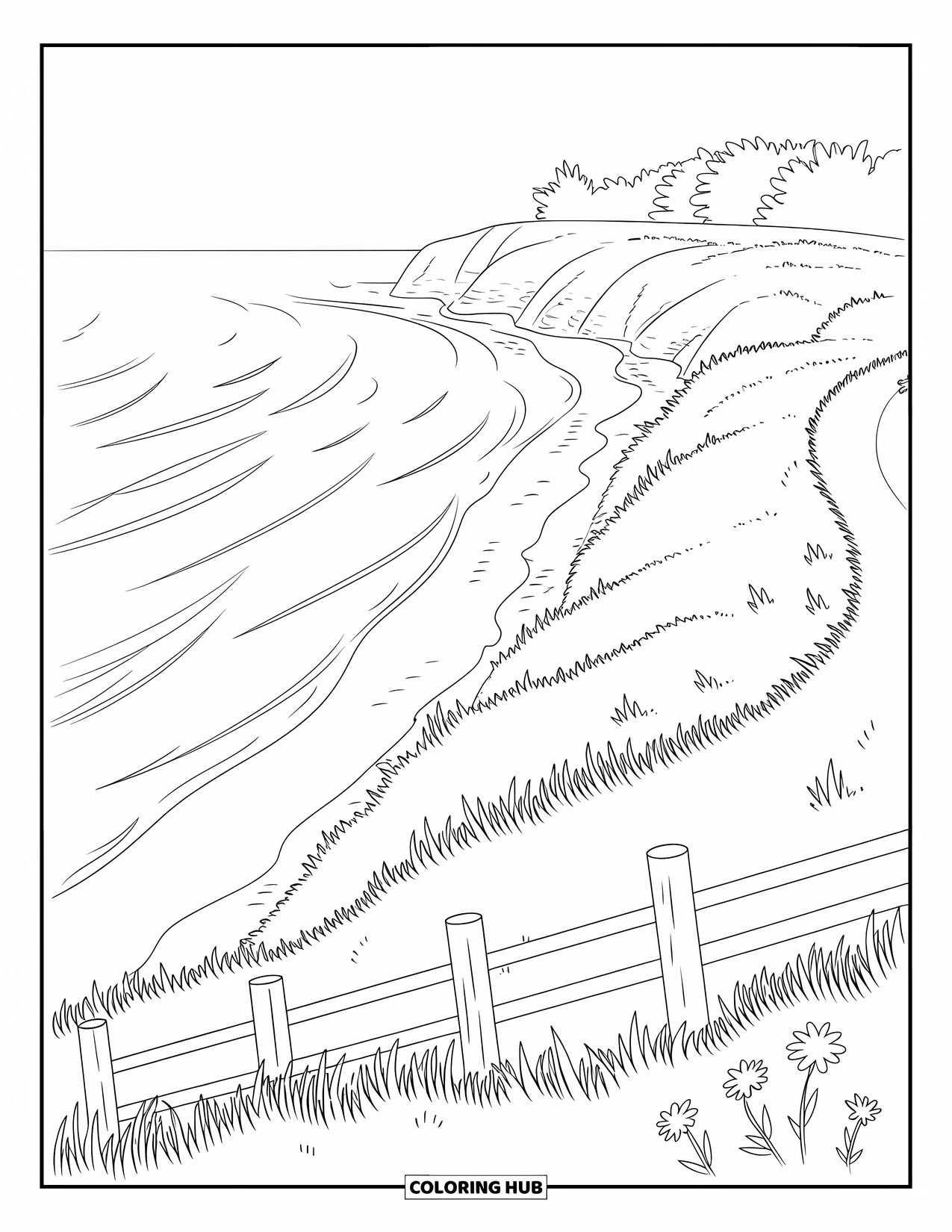 Landscape Coloring Page for Adults: Gentle waves meet grassy cliffs along a quiet, winding bluff trail