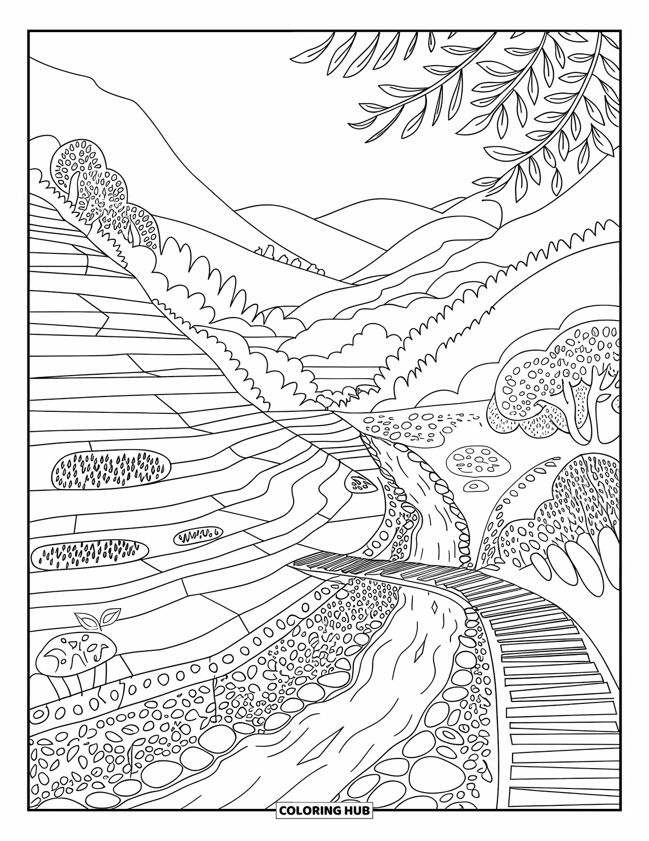 Landscape Coloring Page for Adults: Hills and trees surround a flowing stream with a small bridge in the valley