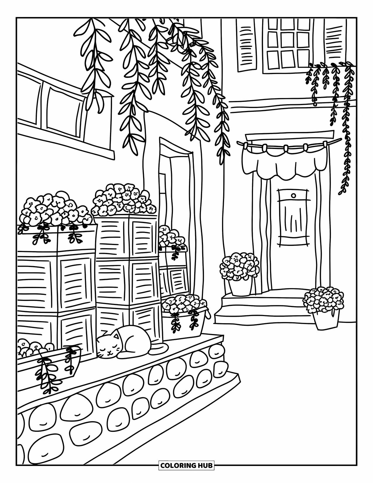 Landscape Coloring Page for Adults: Laundry sways above crates and flowers in a warm alley scene