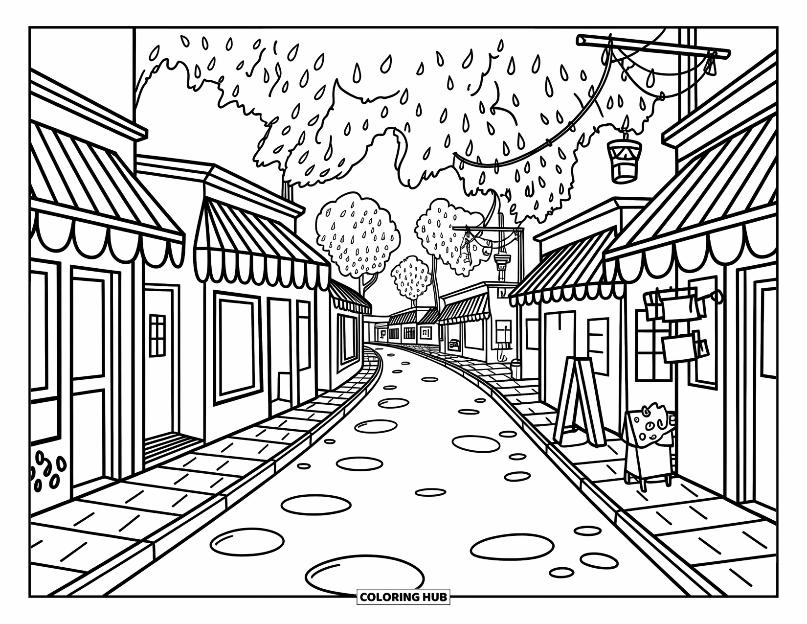 Landscape Coloring Page for Adults: Paper signs sway over a cobbled street of mini shops and puddles