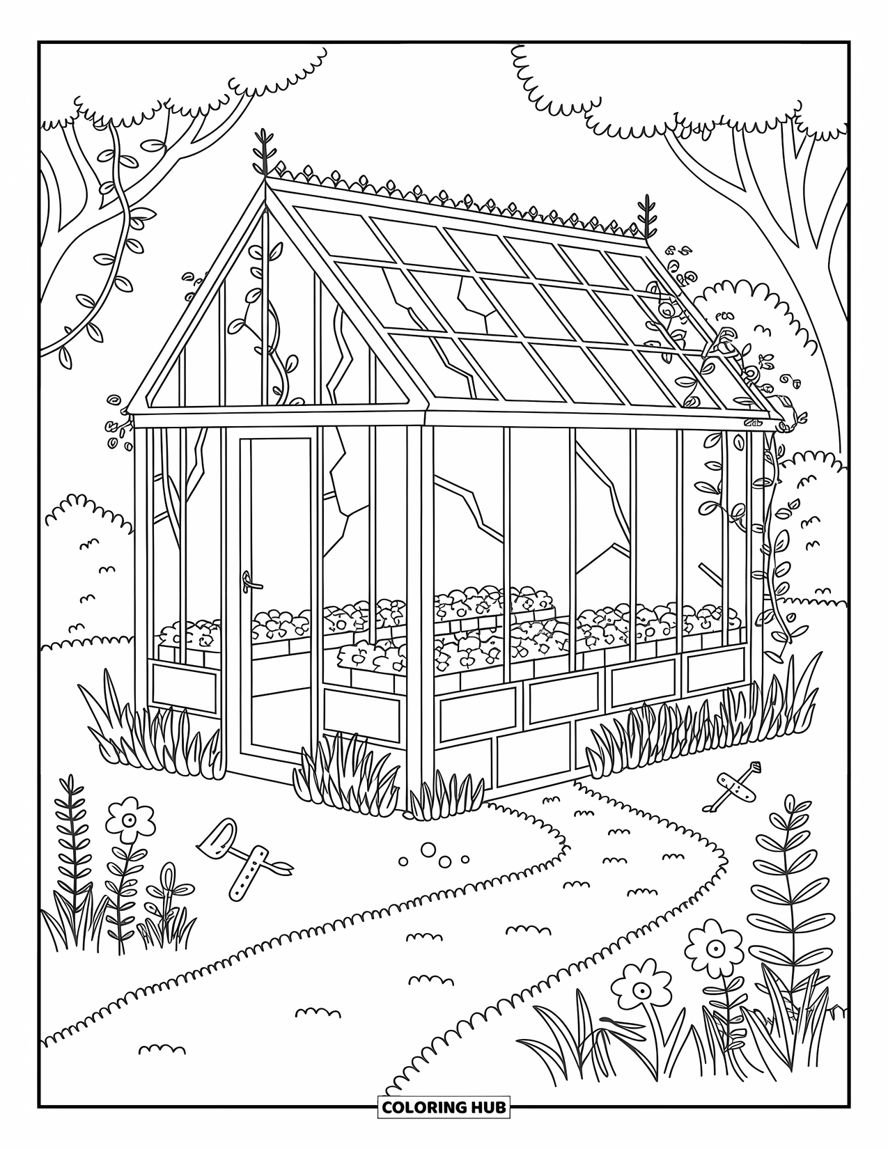 Landscape Coloring Page for Adults: Planter boxes fill a broken glasshouse surrounded by overgrown charm