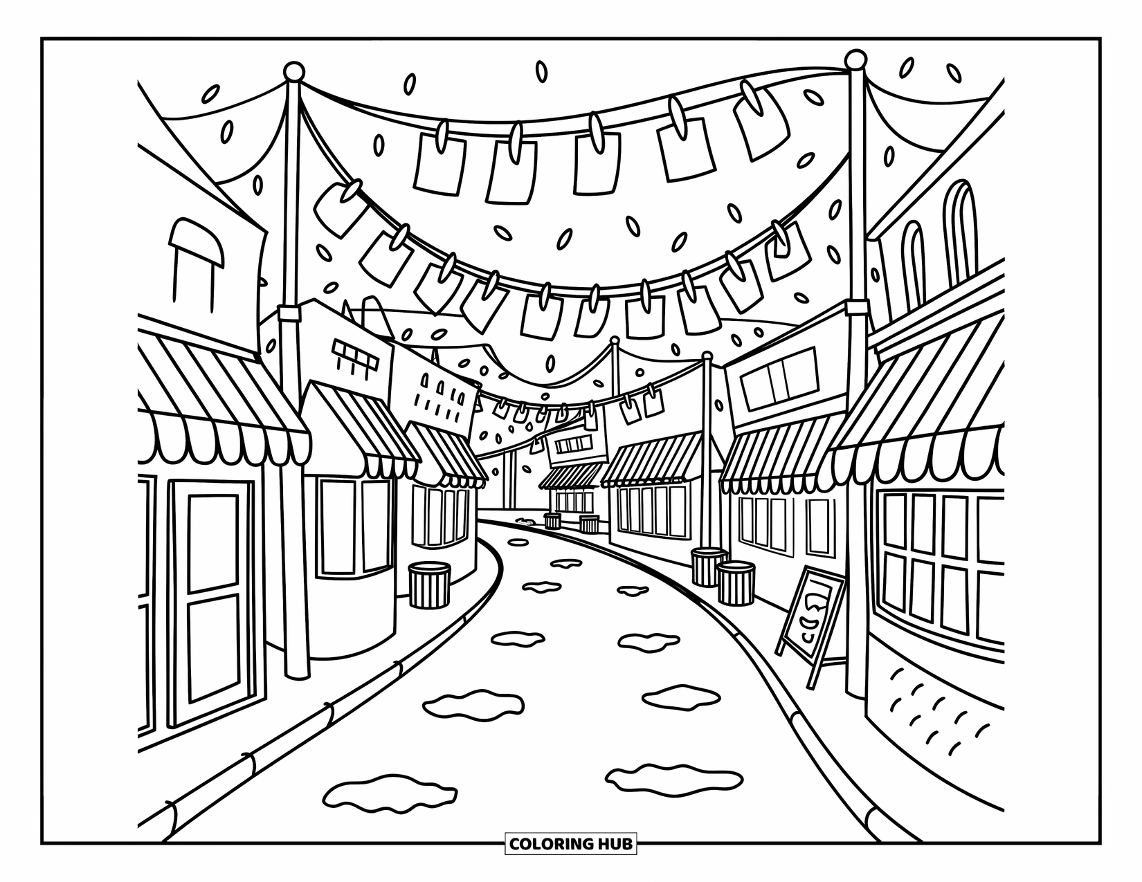Landscape Coloring Page for Adults: Puddles and fluttering signs line a cozy street of little shops