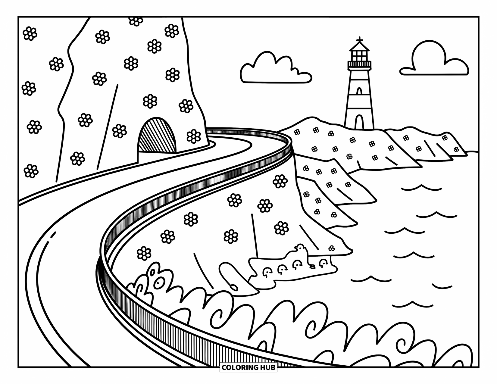 Landscape Coloring Page for Adults: Seagulls fly above a winding cliff road and distant lighthouse