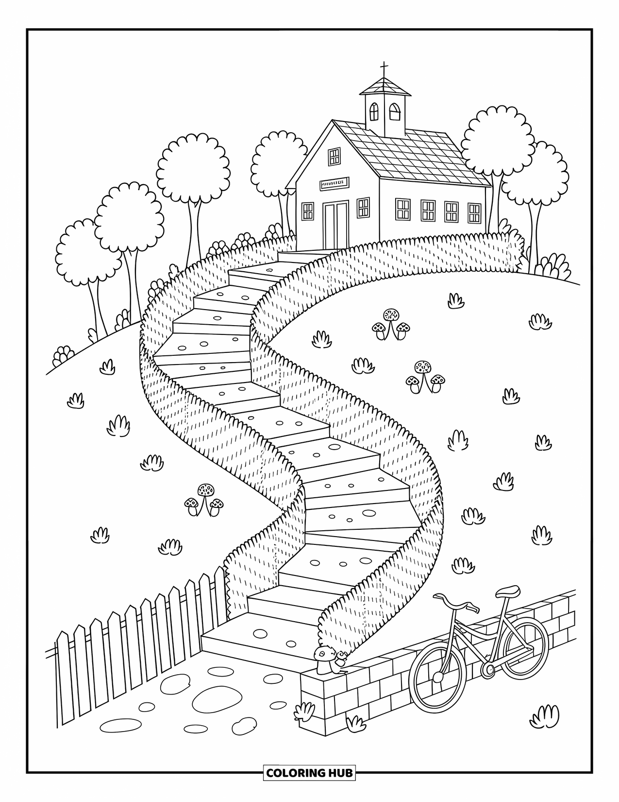 Landscape Coloring Page for Adults: Shrubs bloom along the path to a school on a gentle hill