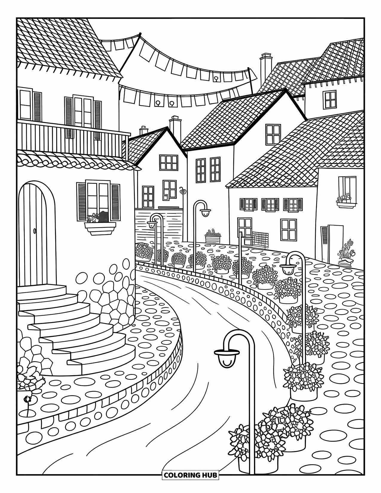 Landscape Coloring Page for Adults: Stone steps and potted plants line a path by the river