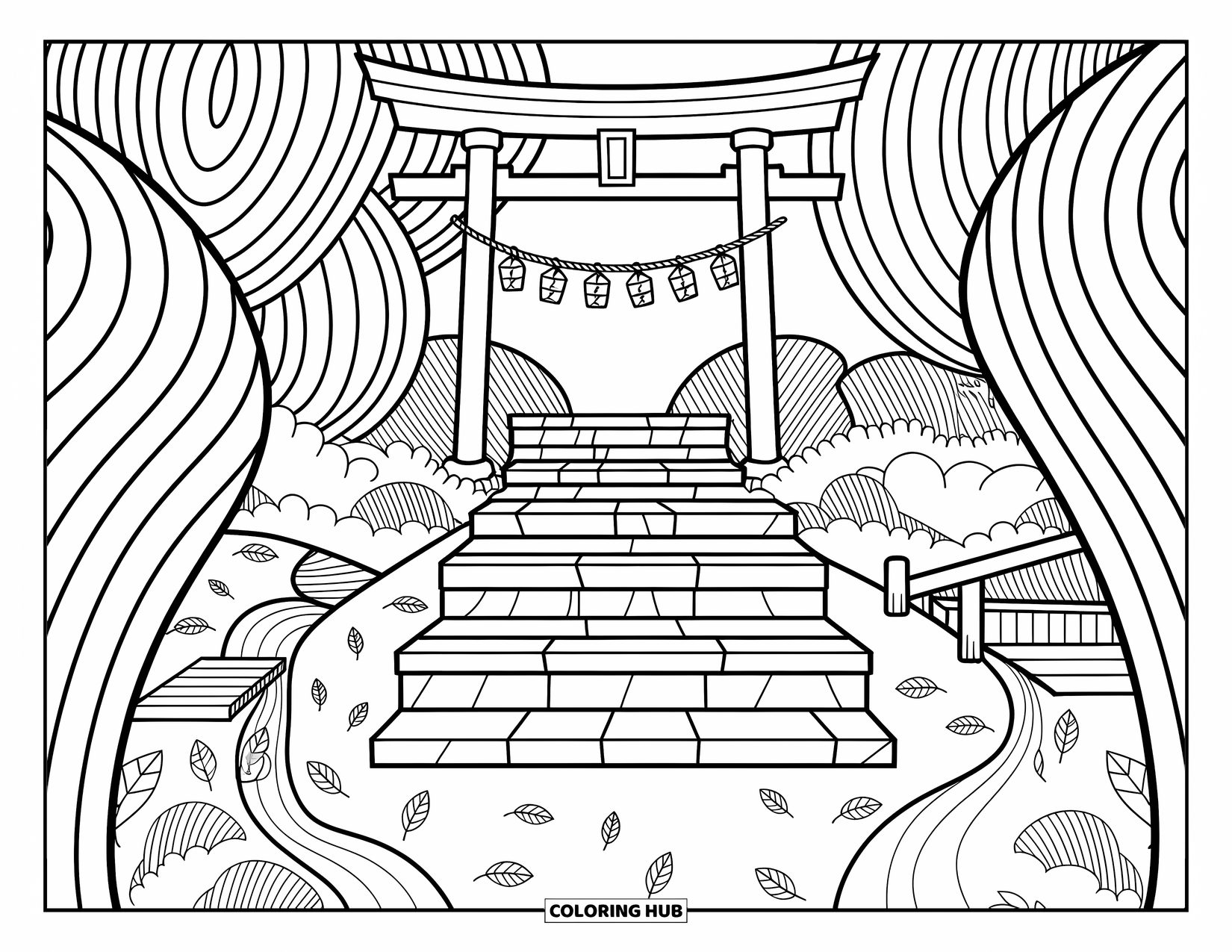Landscape Coloring Page for Adults: Stone steps lead to a torii gate with lanterns and scattered leaves