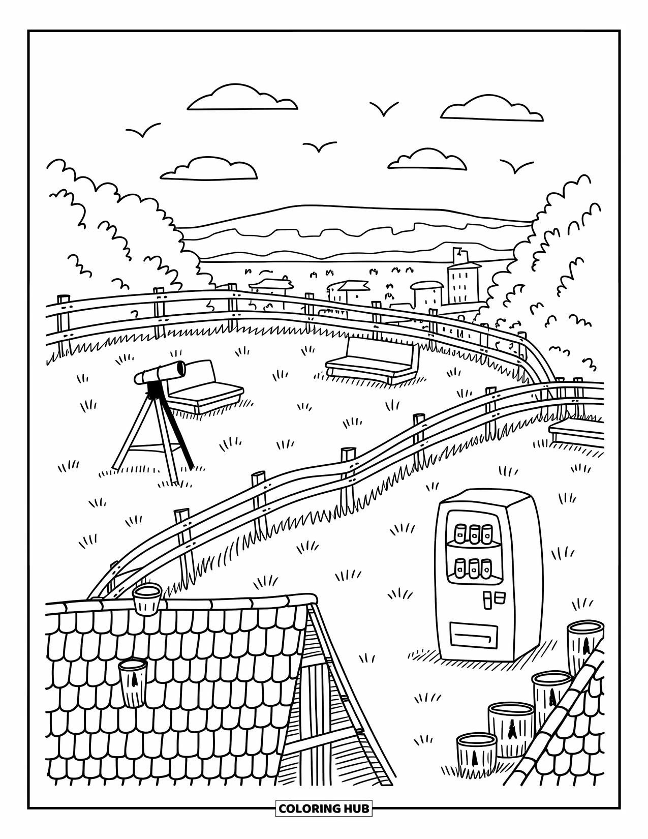 Landscape Coloring Page for Adults: Tiny rooftops and a vending machine brighten a peaceful hill view