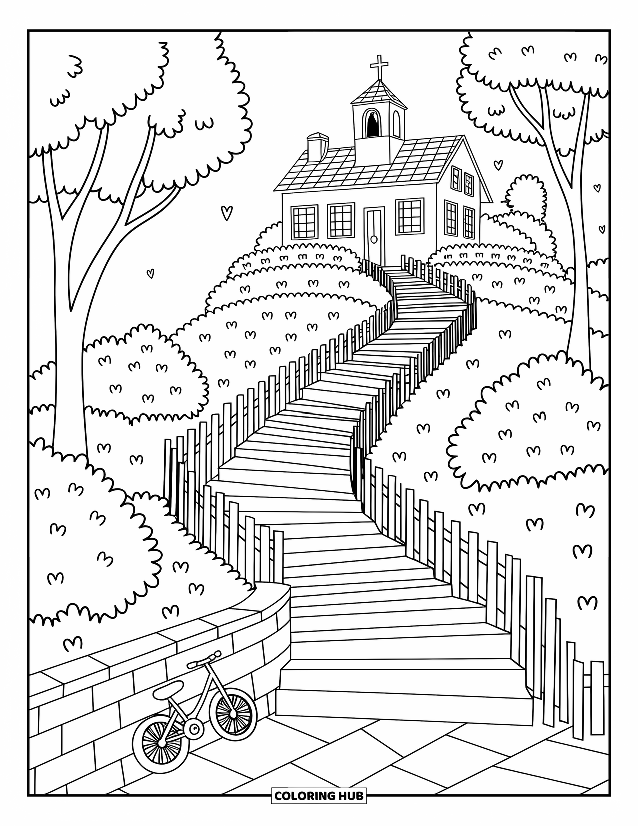 Landscape Coloring Page for Adults: Trees and fences guide a cute hill path up to school