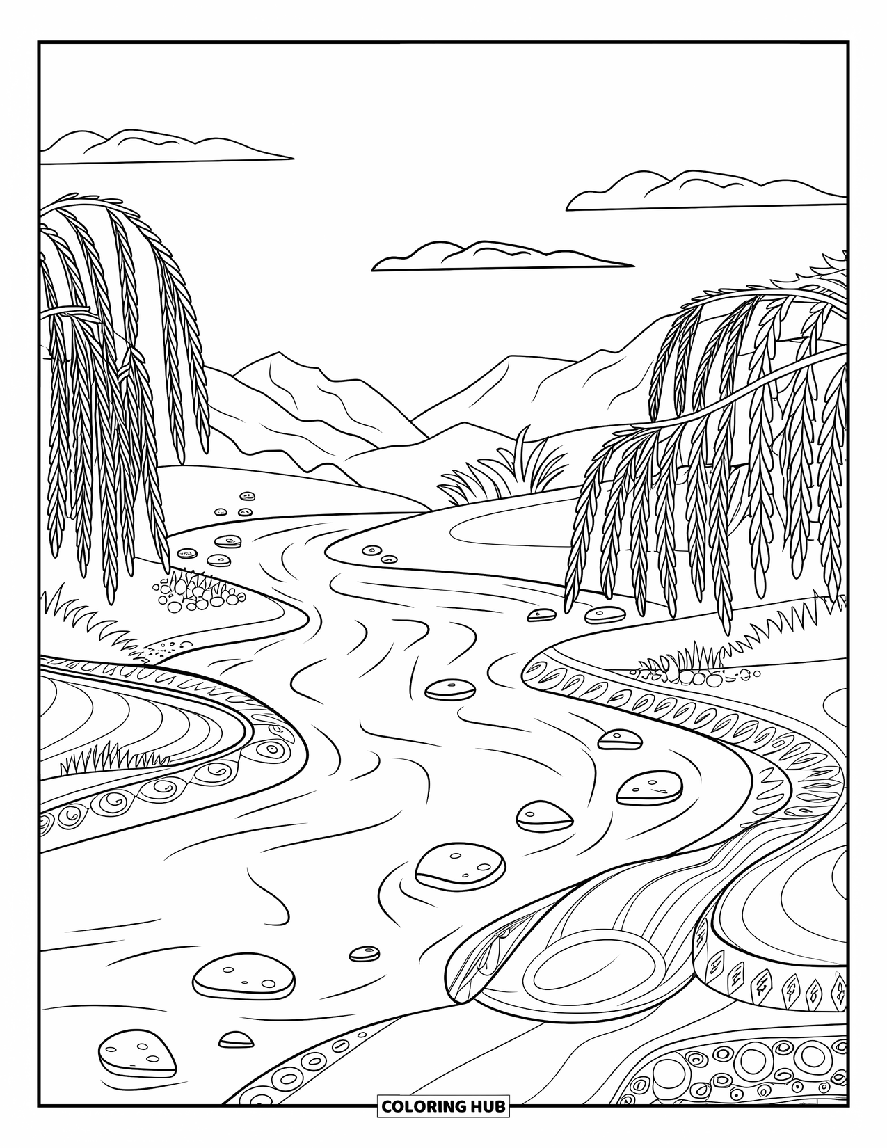 Landscape Coloring Page for Adults: Willow trees hang over a peaceful river lined with smooth stones