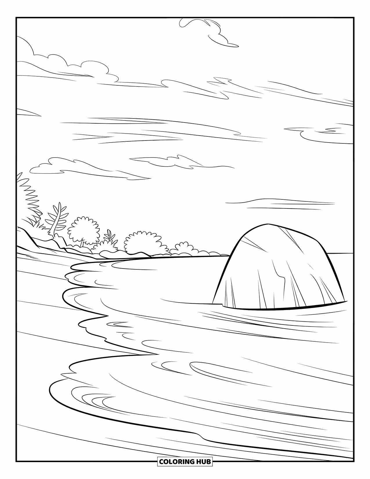 Landscape Coloring Page for Kids: A big rock and a soft wave rest on a peaceful beach