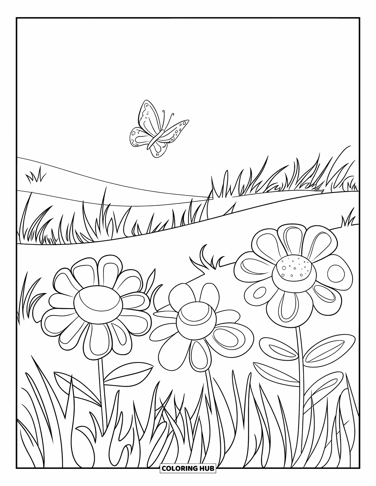 Landscape Coloring Page for Kids: A bright butterfly flutters over flowers in a grassy field