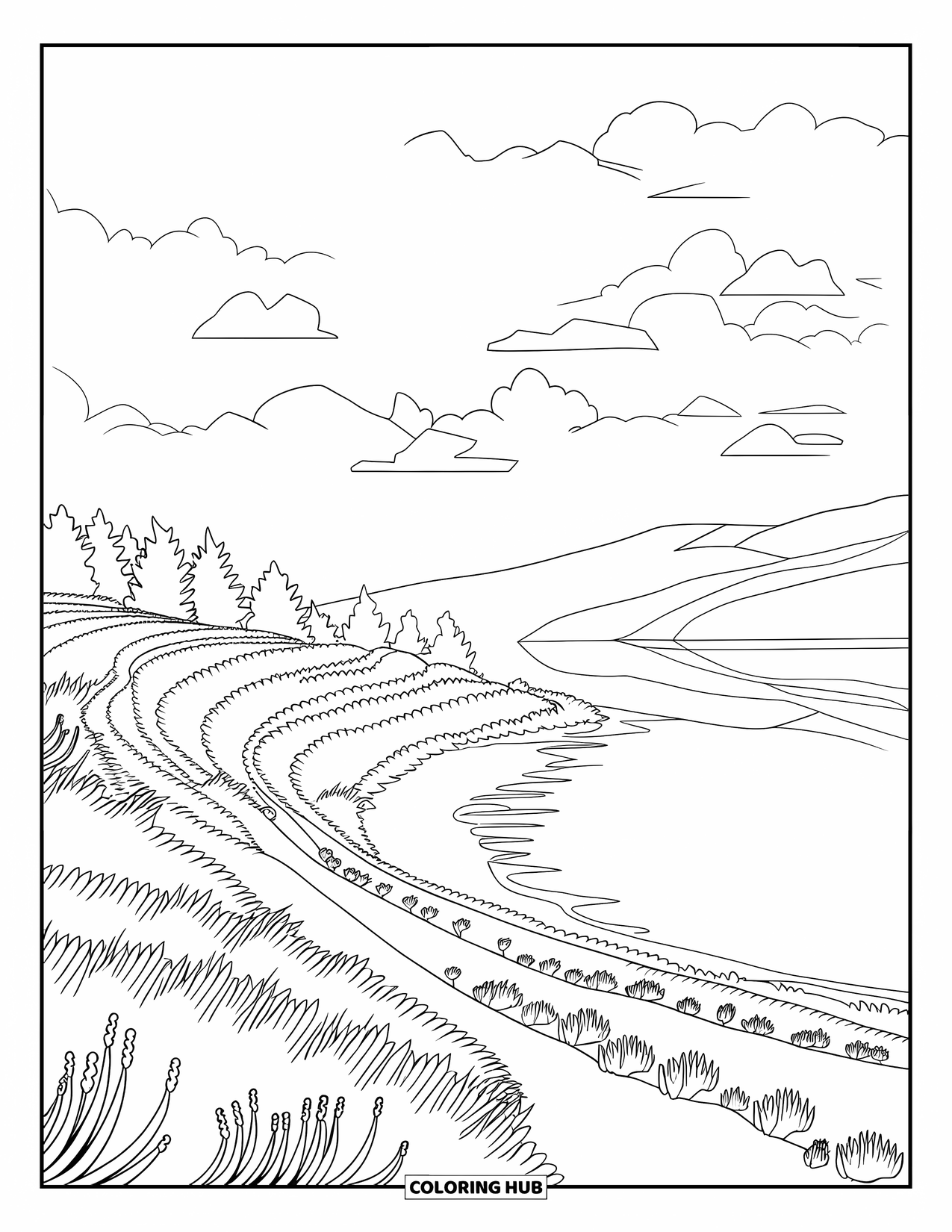 Landscape Coloring Page for Kids: A calm lake reflects a lavender hill with trees and fluffy clouds