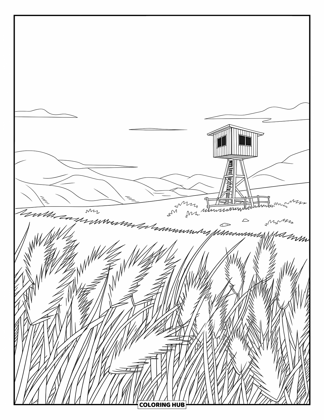Landscape Coloring Page for Kids: A cell tower peeks through dreamy grass and distant mountain views