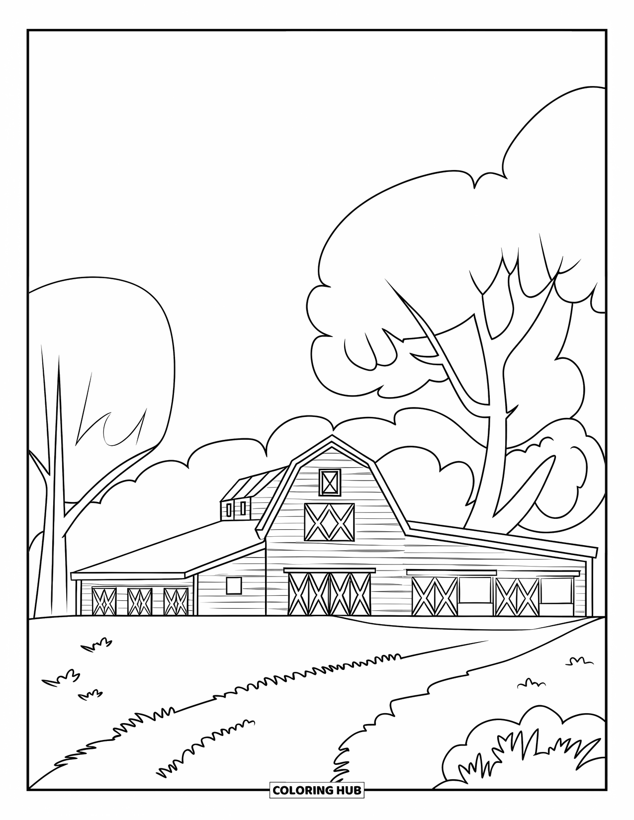 Landscape Coloring Page for Kids: A cheerful barn stands beside trees on a grassy farm
