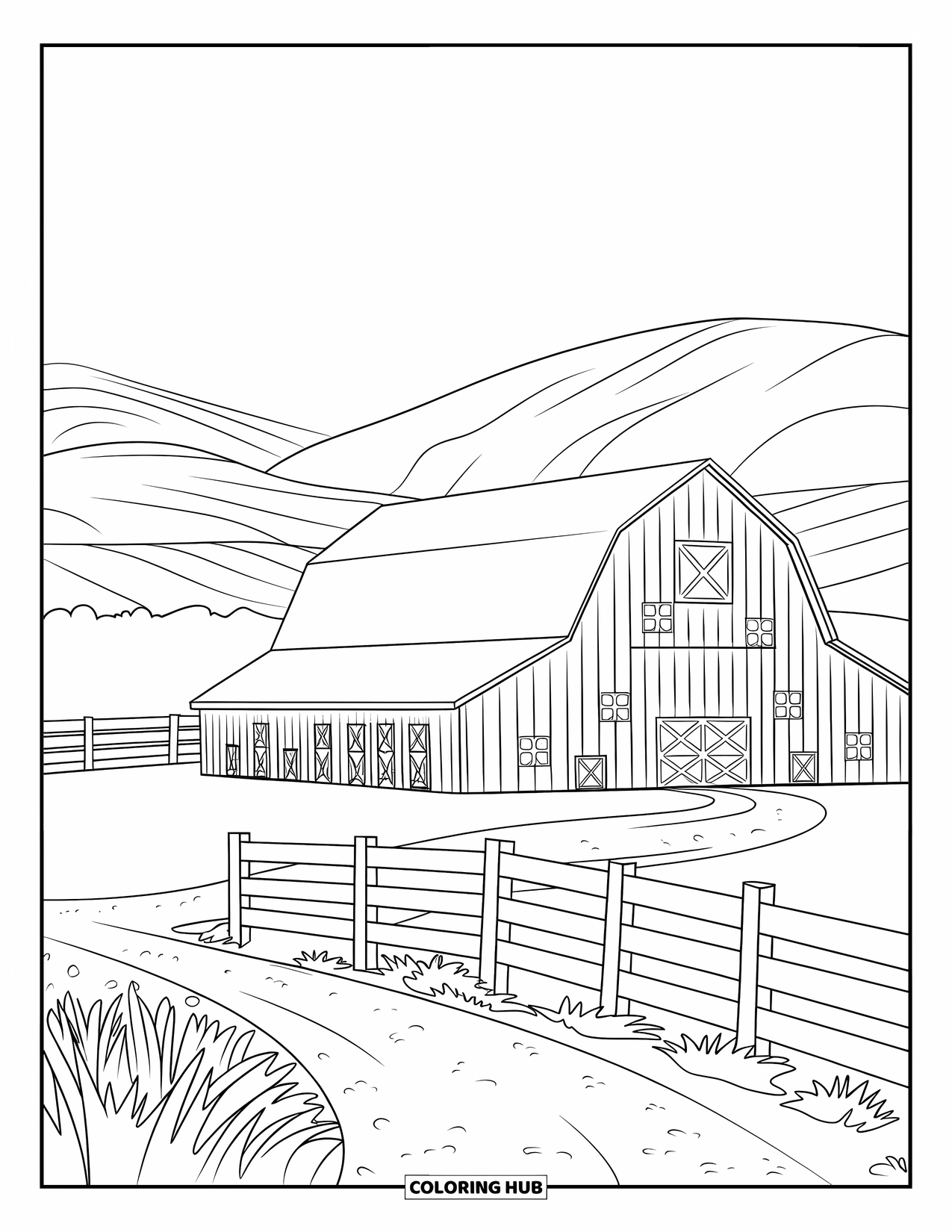 Landscape Coloring Page for Kids: A fenced farm with a barn sits beneath rolling green hills