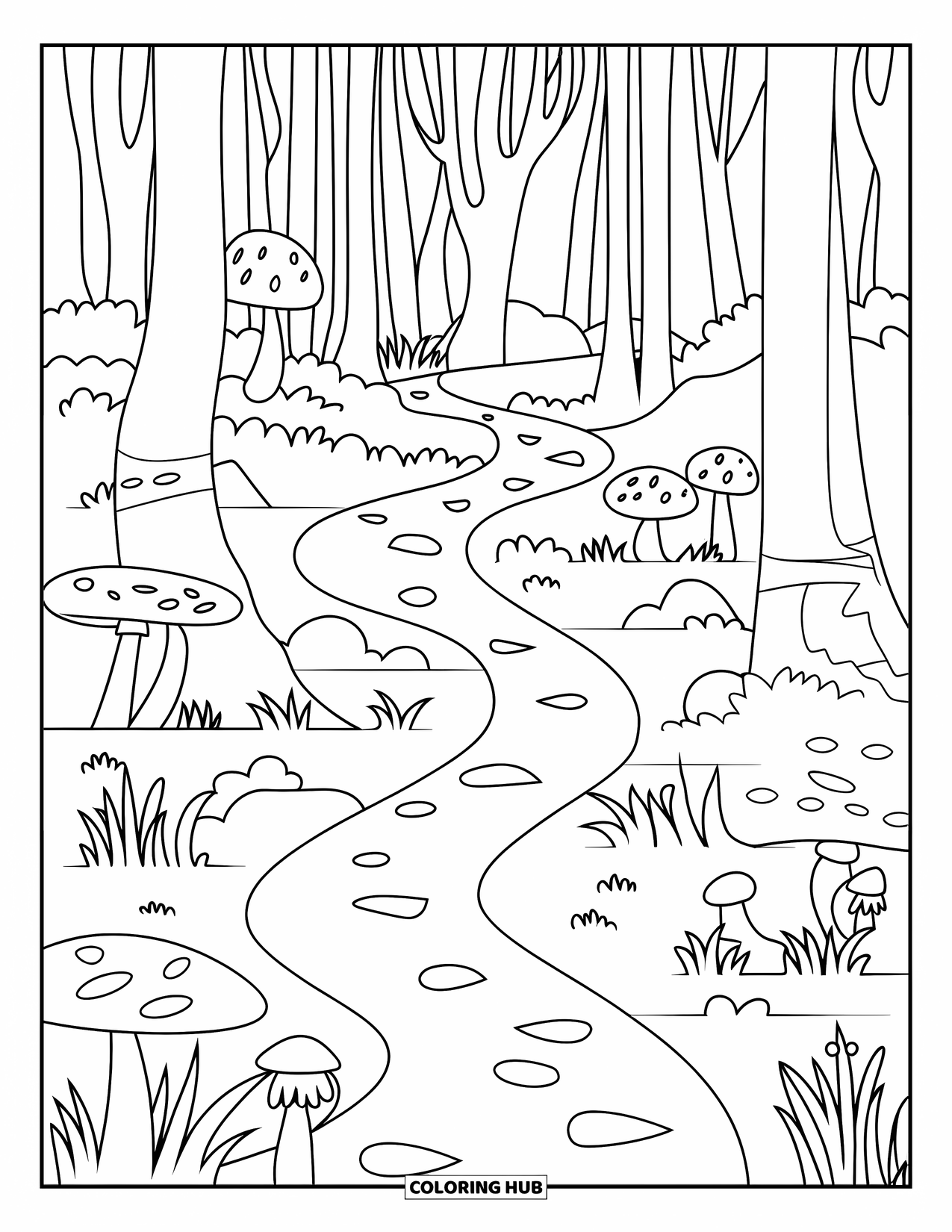 Landscape Coloring Page for Kids: A forest trail winds through tall trees with mushrooms and tiny rocks