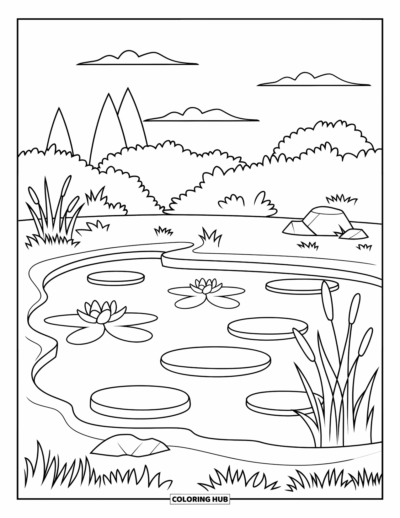 Landscape Coloring Page for Kids: A garden pond sparkles beside reeds, rocks, and scattered trees