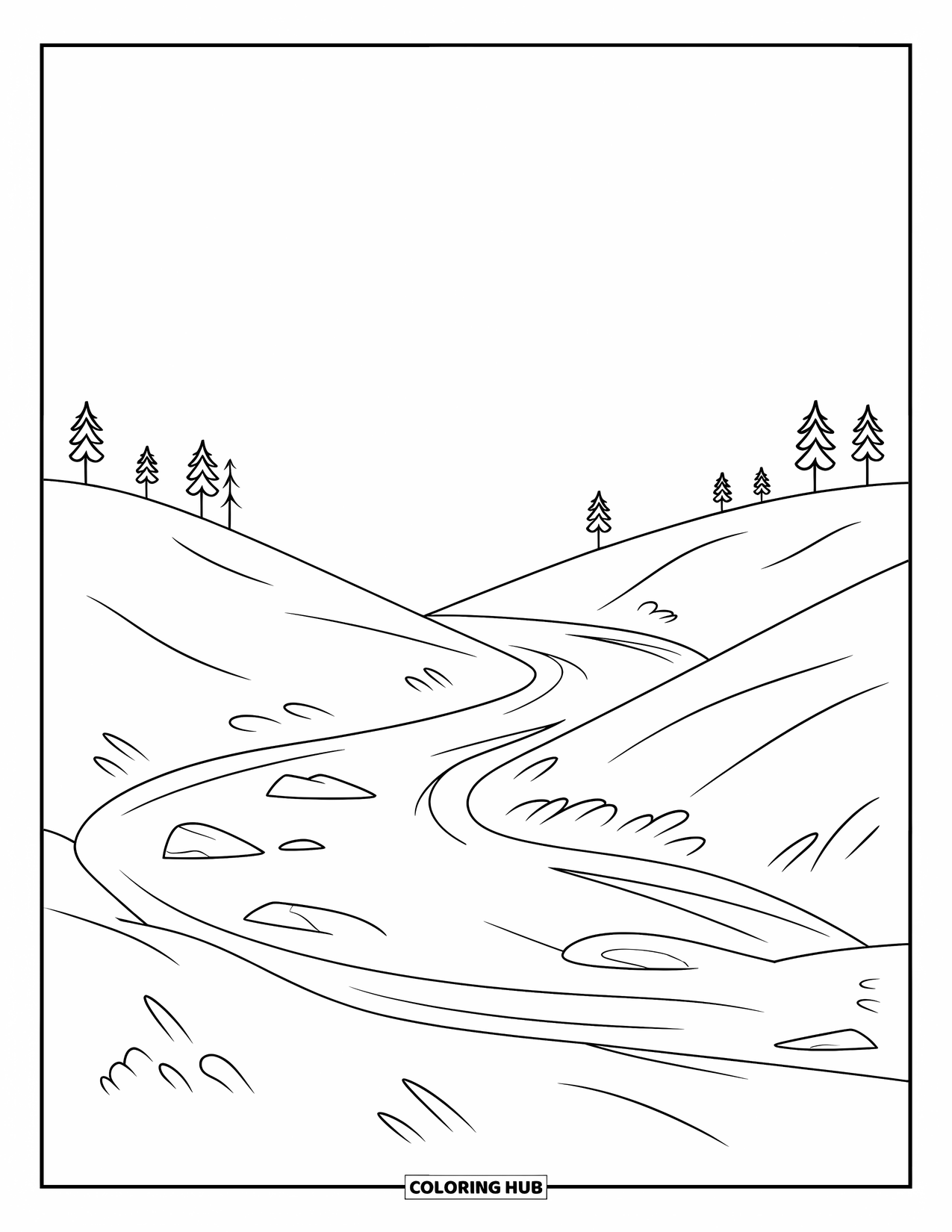 Landscape Coloring Page for Kids: A gentle river winds between grassy hills and a few trees