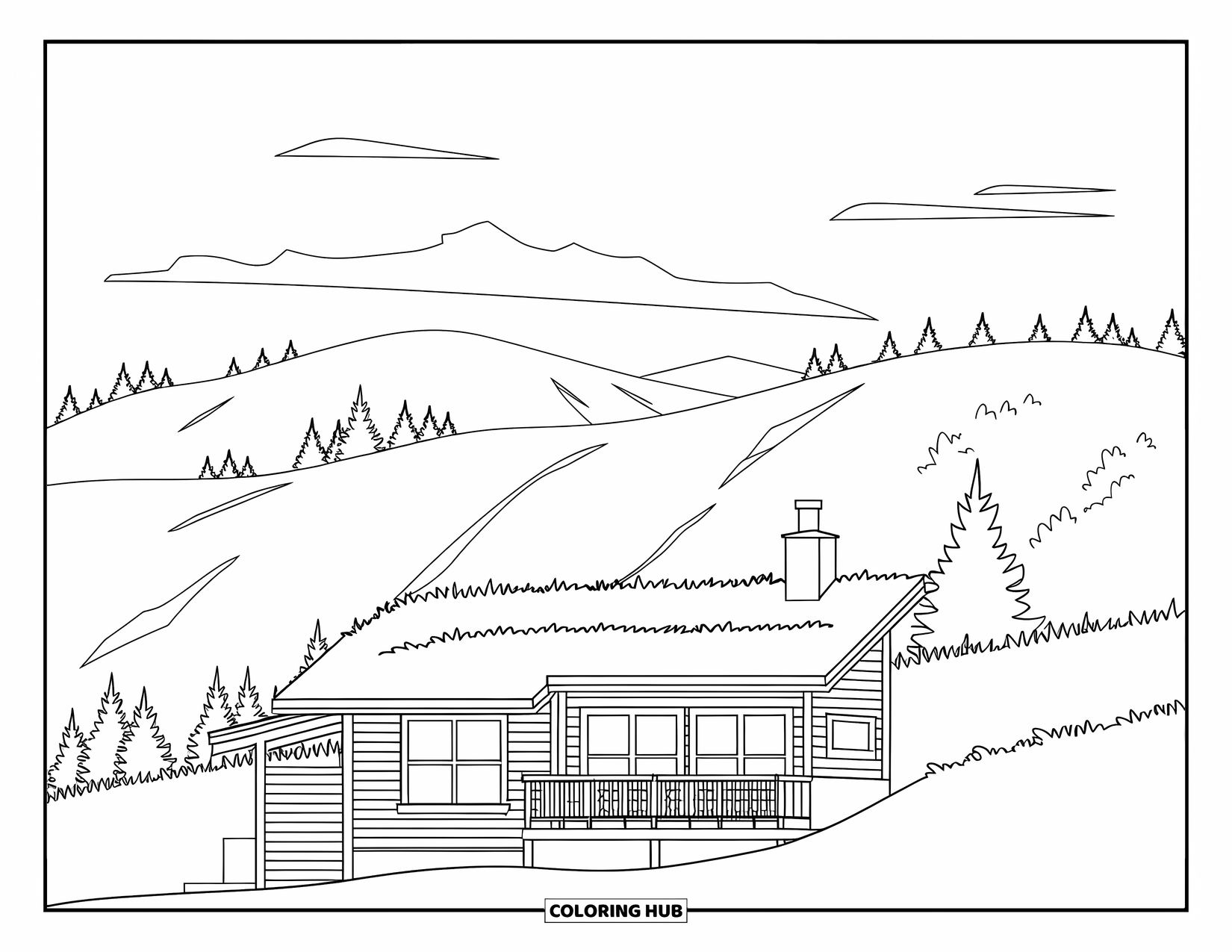 Landscape Coloring Page for Kids: A grassy rooftop garden tops a cozy cabin in the hills