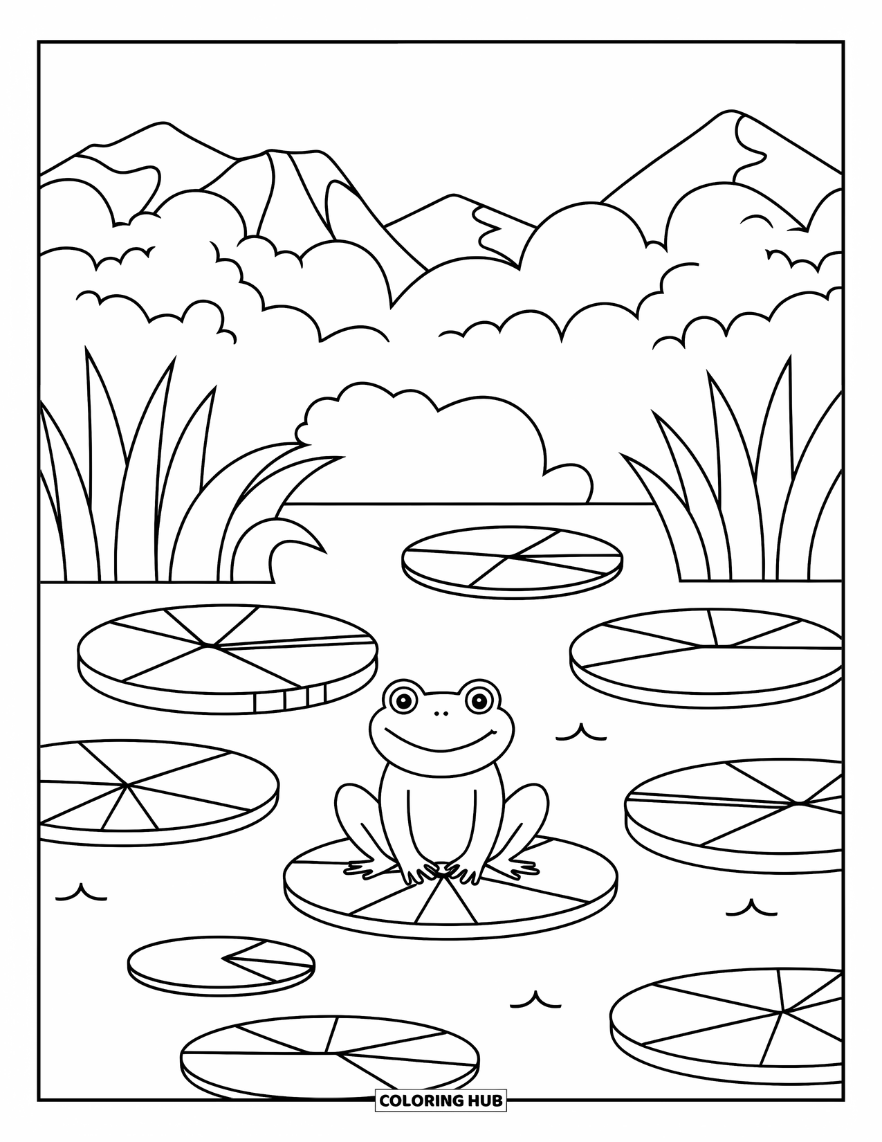 Landscape Coloring Page for Kids: A happy frog rests on a pond surrounded by trees and mountains