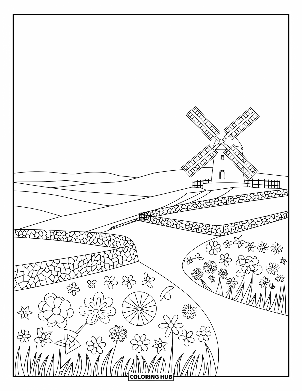 Landscape Coloring Page for Kids: A hilltop windmill stands tall among stone fences and flower patches