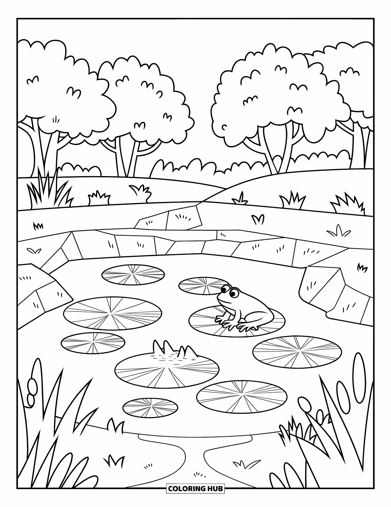 Landscape Coloring Page for Kids: A little frog sits on a lily pad near trees and rocks