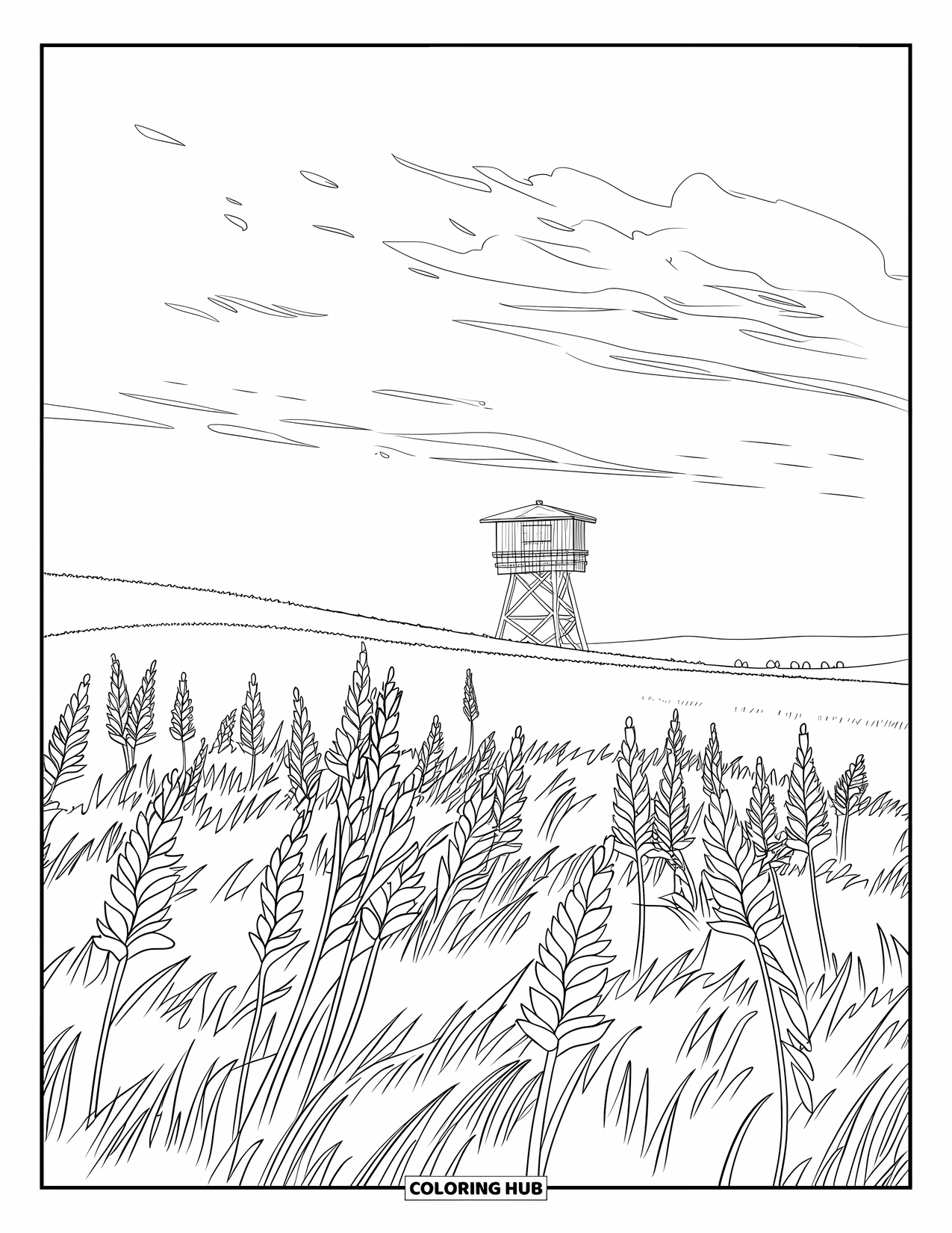 Landscape Coloring Page for Kids: A lookout tower rises beyond a field of wind-blown tall grass