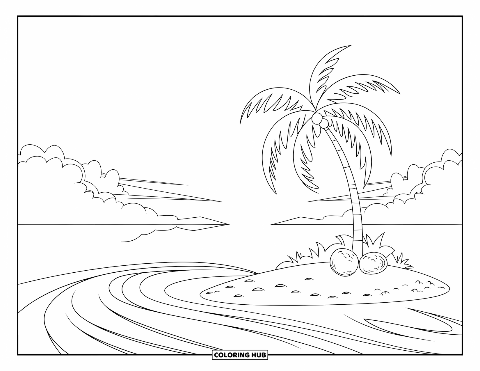 Landscape Coloring Page for Kids: A palm tree sways on a tiny island with soft waves