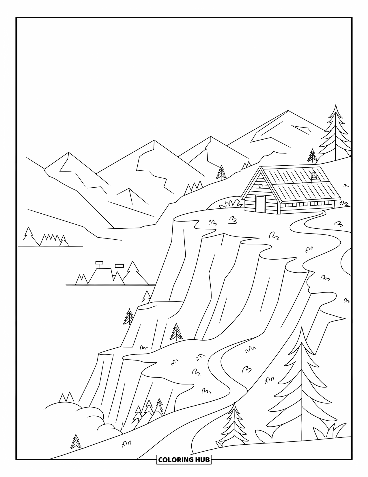 Landscape Coloring Page for Kids: A path winds up to a small hut overlooking mountain views
