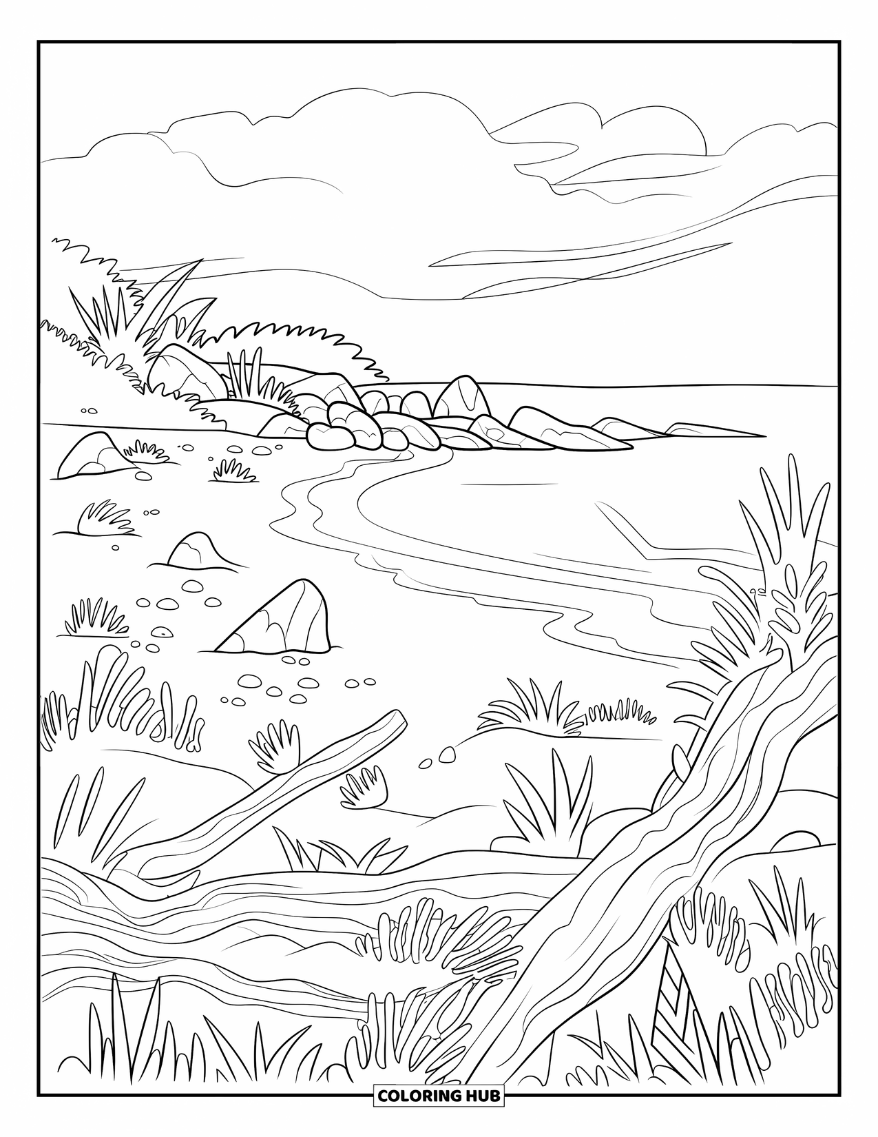 Landscape Coloring Page for Kids: A peaceful beach cove is filled with rocks, driftwood, and plants