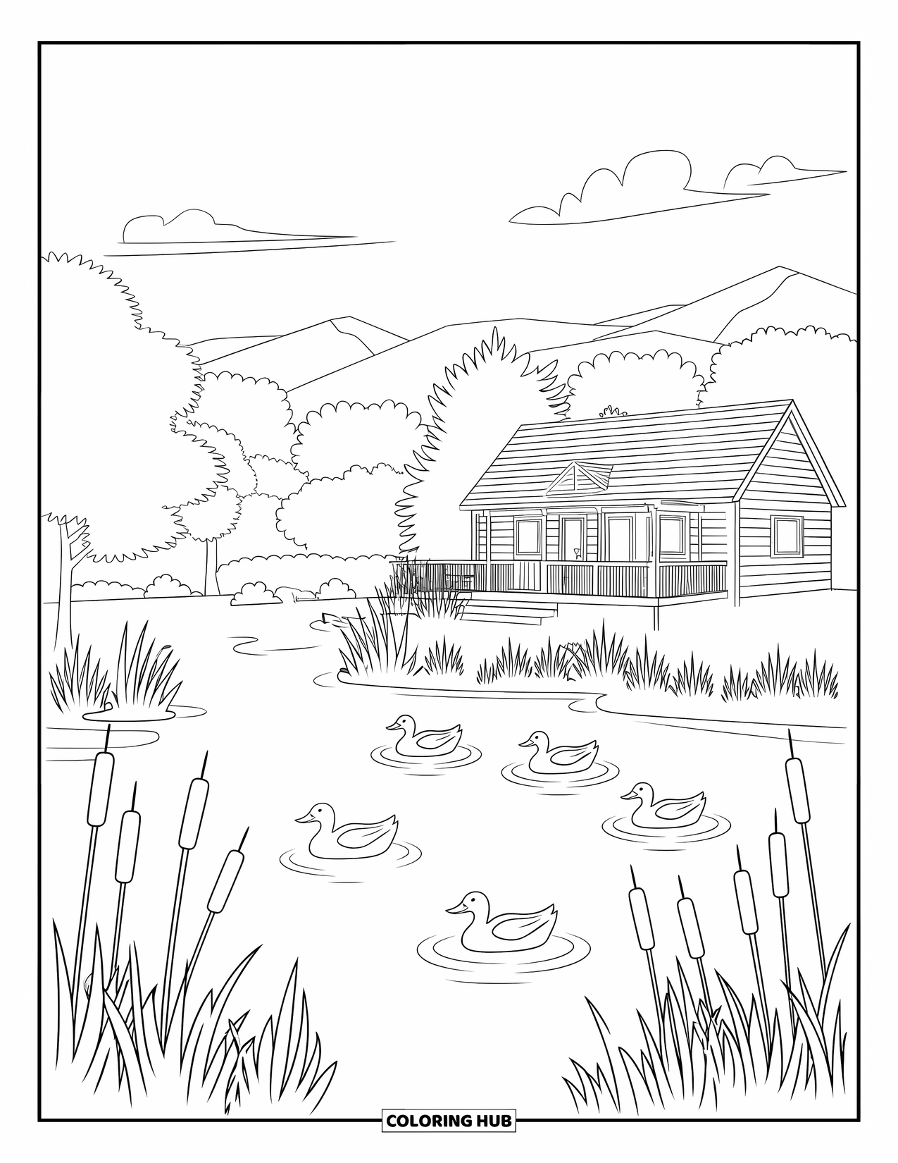 Landscape Coloring Page for Kids: A peaceful lake reflects ducks and a cottage with a deck
