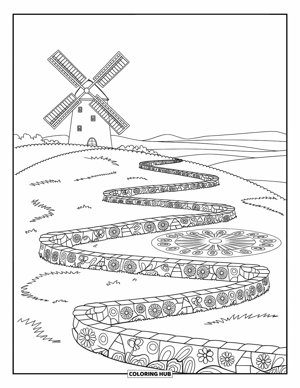 Landscape Coloring Page for Kids: A quiet hilltop hosts a windmill and patterned garden views