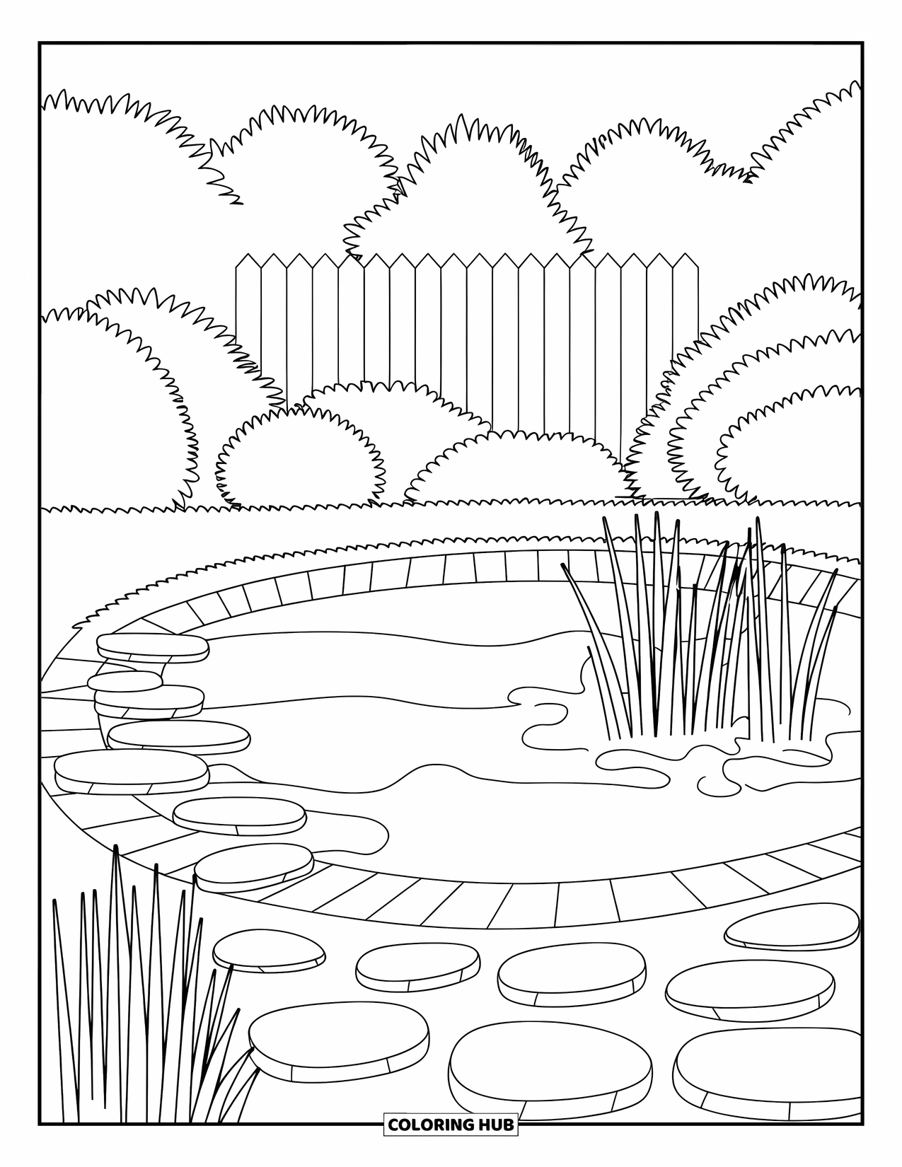 Landscape Coloring Page for Kids: A quiet pond sits among reeds, rocks, and wooden fences