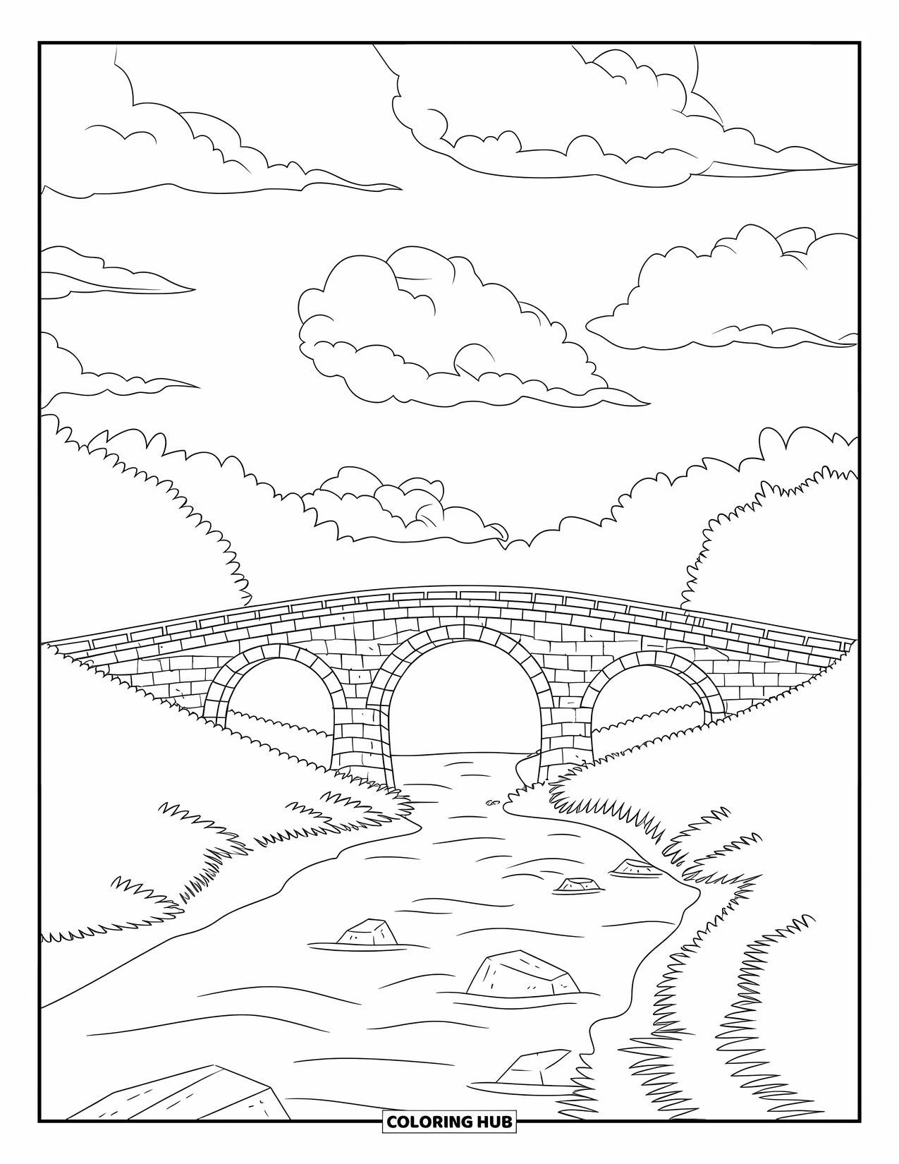 Landscape Coloring Page for Kids: A quiet river flows under a mossy stone bridge with cloudy skies above