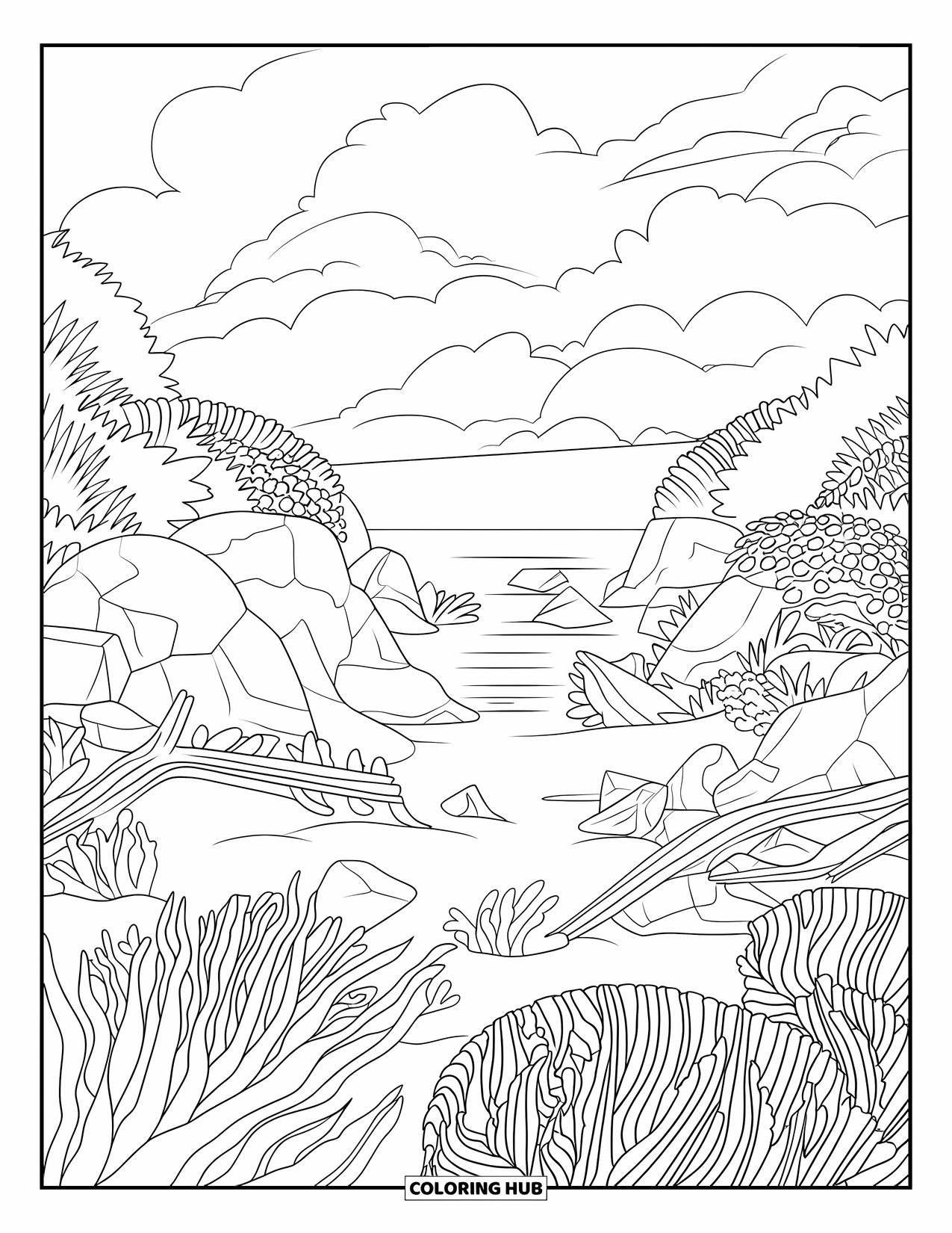 Landscape Coloring Page for Kids: A scenic beach cove opens to the sea with driftwood and a cloudy sky