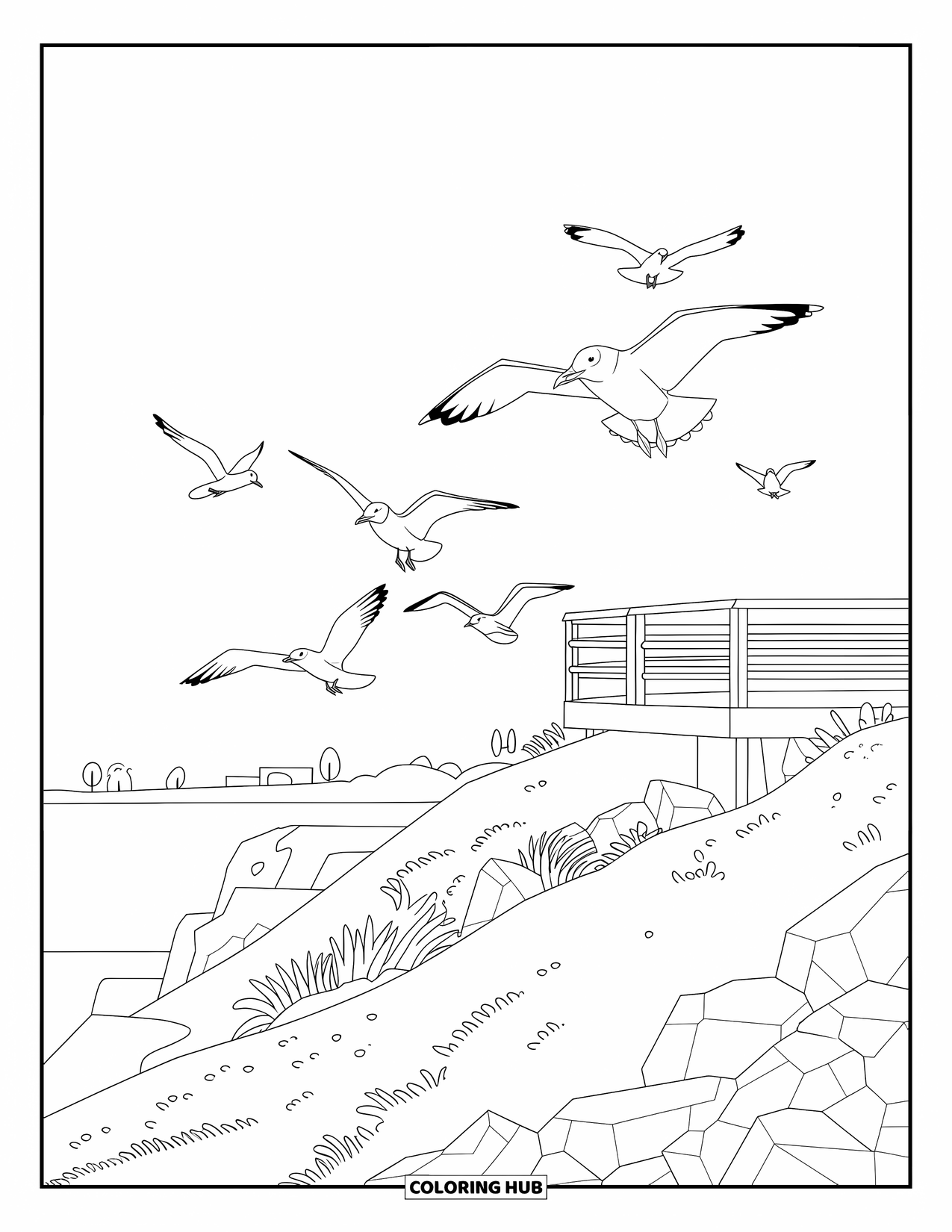 Landscape Coloring Page for Kids: A scenic lookout deck rests on a sandy hill with a quiet view