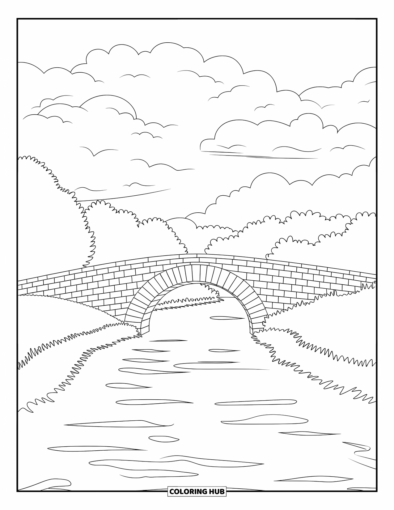 Landscape Coloring Page for Kids: A stone bridge arches over still water beneath cloudy skies