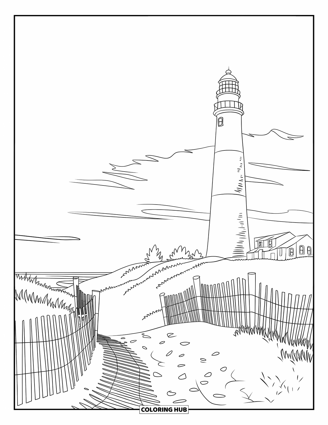 Landscape Coloring Page for Kids: A striped lighthouse stands by the beach and a sandy path