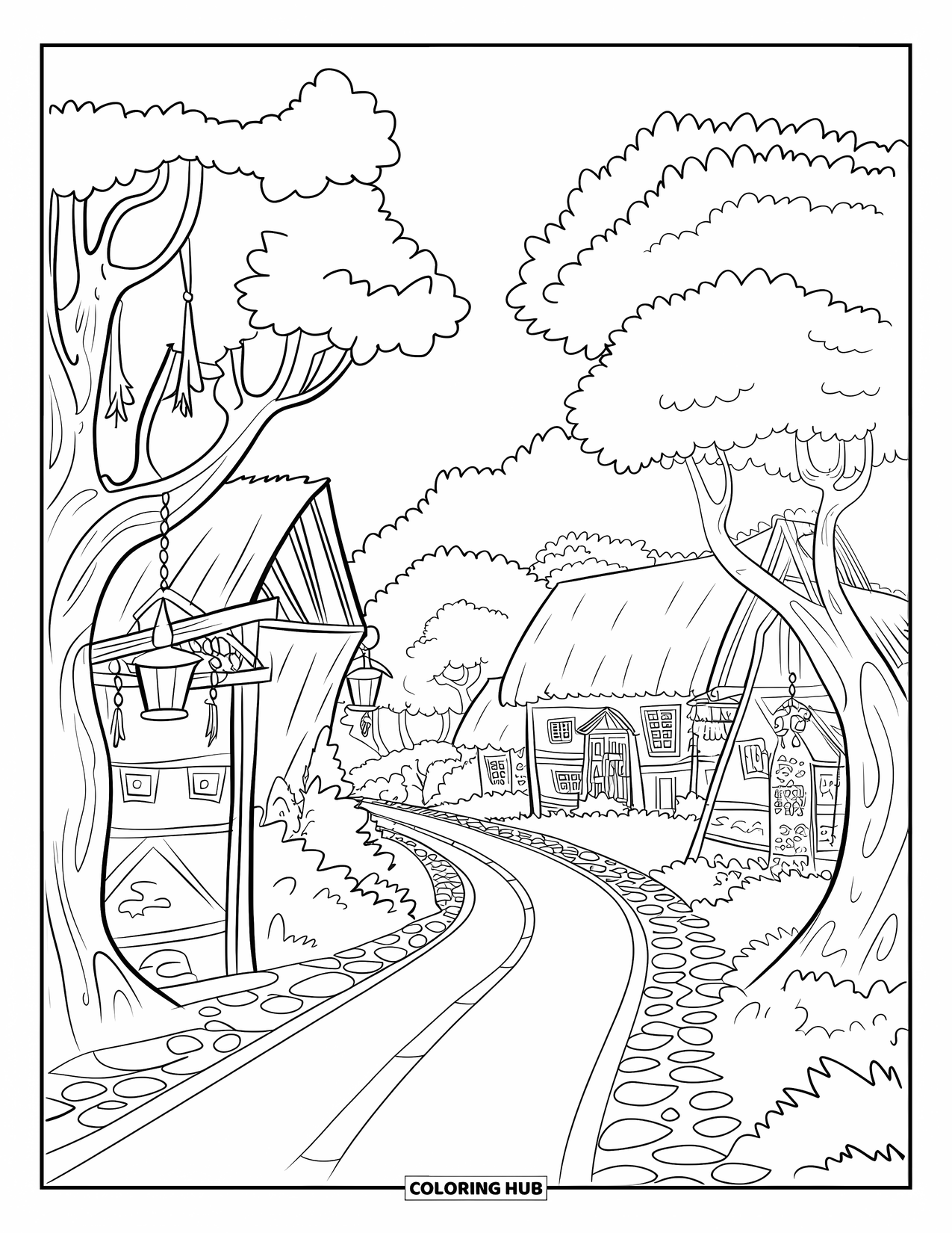 Landscape Coloring Page for Kids: A village road winds between cozy homes, lanterns, and trees