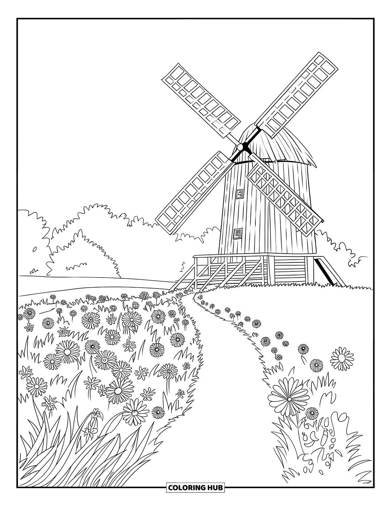 Landscape Coloring Page for Kids: A wildflower field stretches toward a wooden windmill
