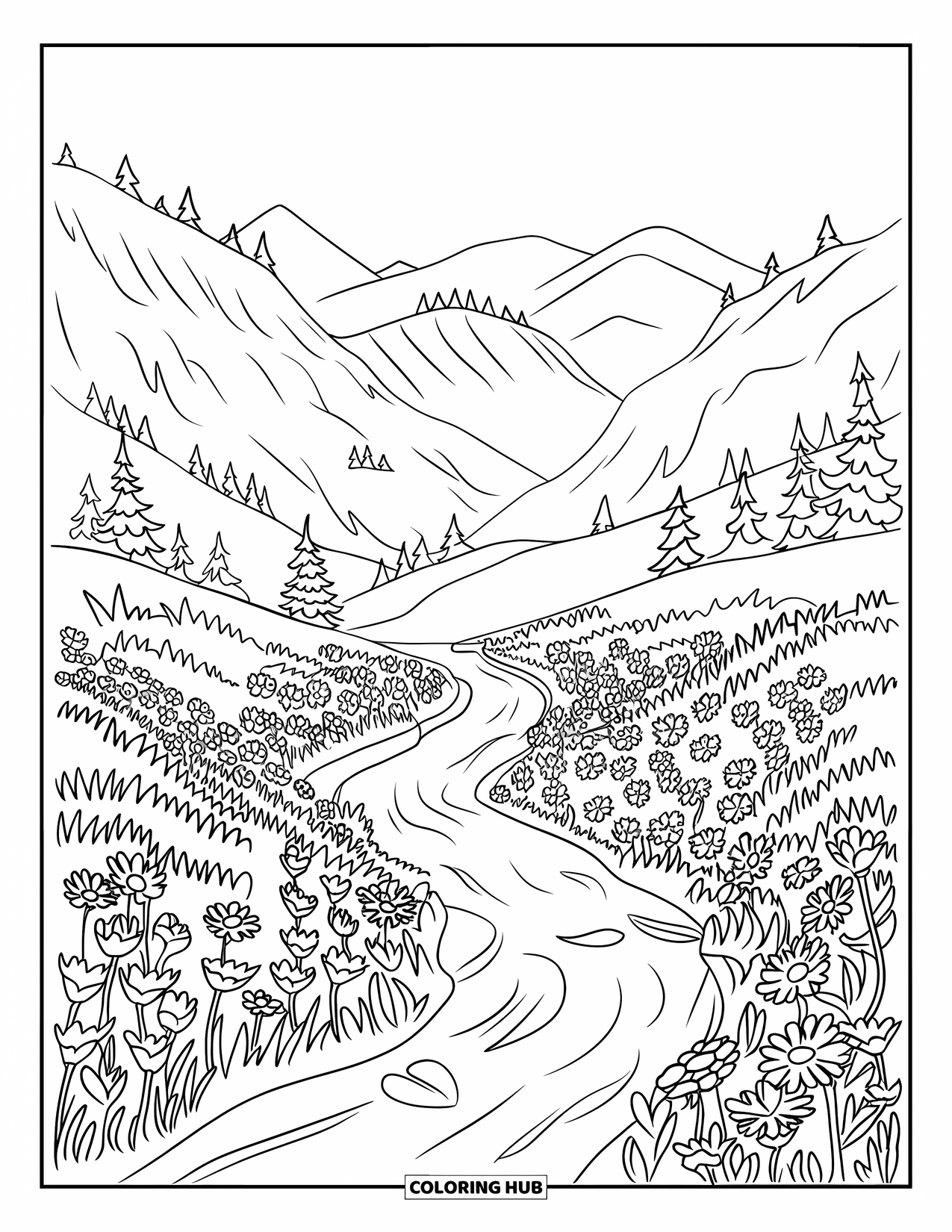 Landscape Coloring Page for Kids: A wildflower valley surrounds a winding river and mountains