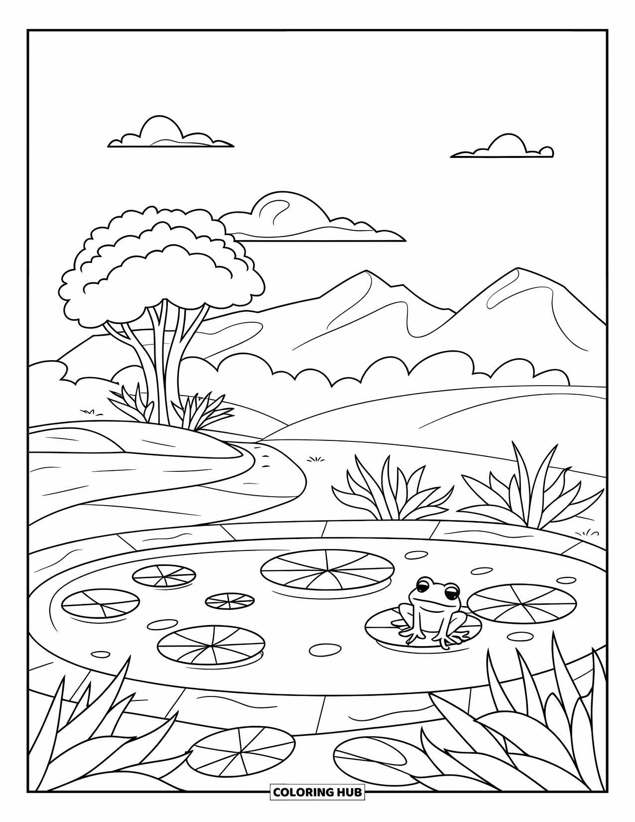 Landscape Coloring Page for Kids: A winding path leads to a pond where a frog sits on a lily pad