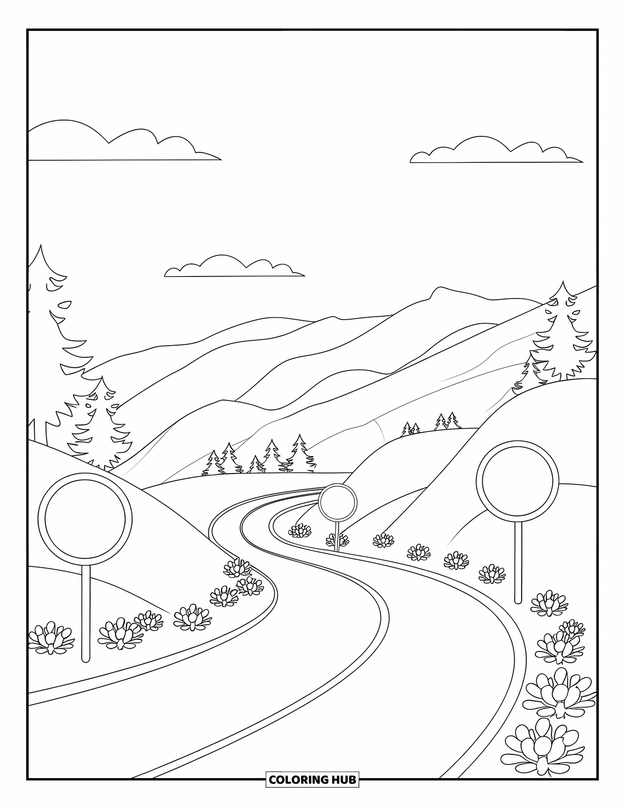 Landscape Coloring Page for Kids: A winding road cuts between hills, flowers, and road signs