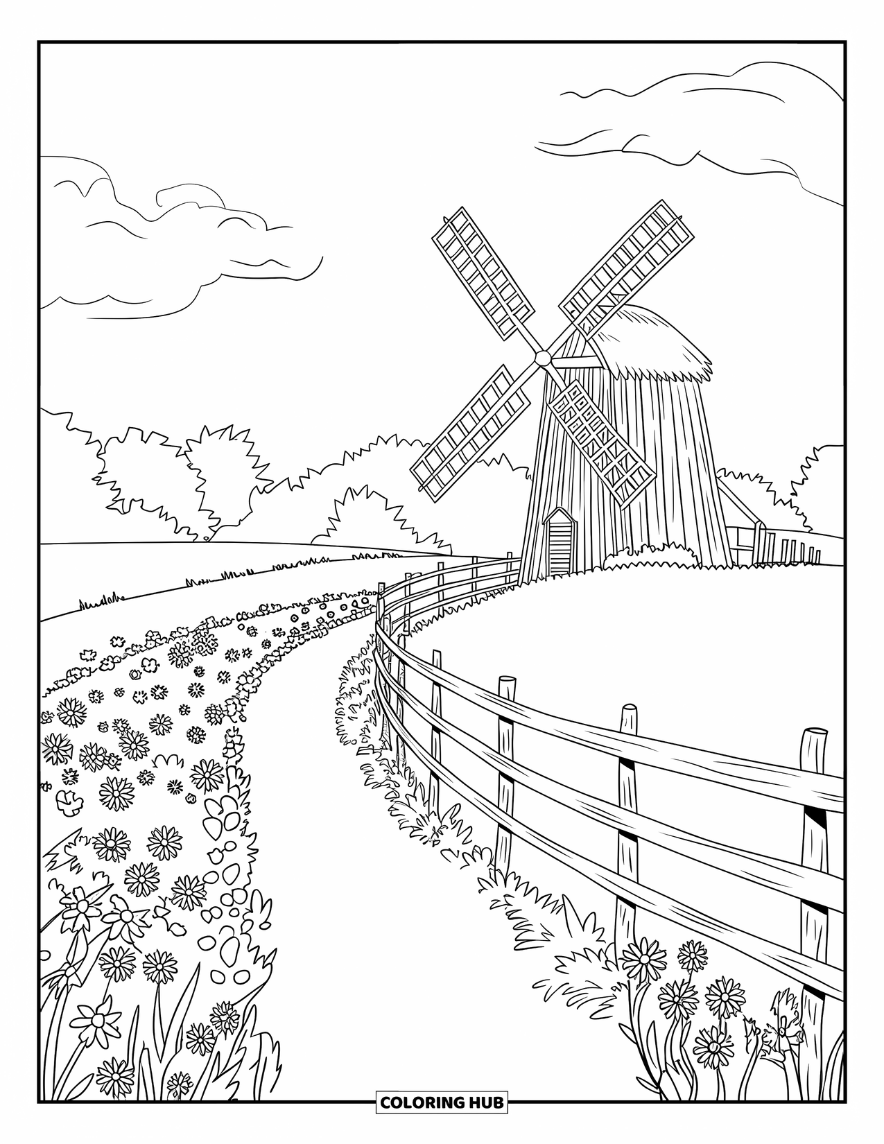 Landscape Coloring Page for Kids: A windmill rises above flowers and a wooden fence