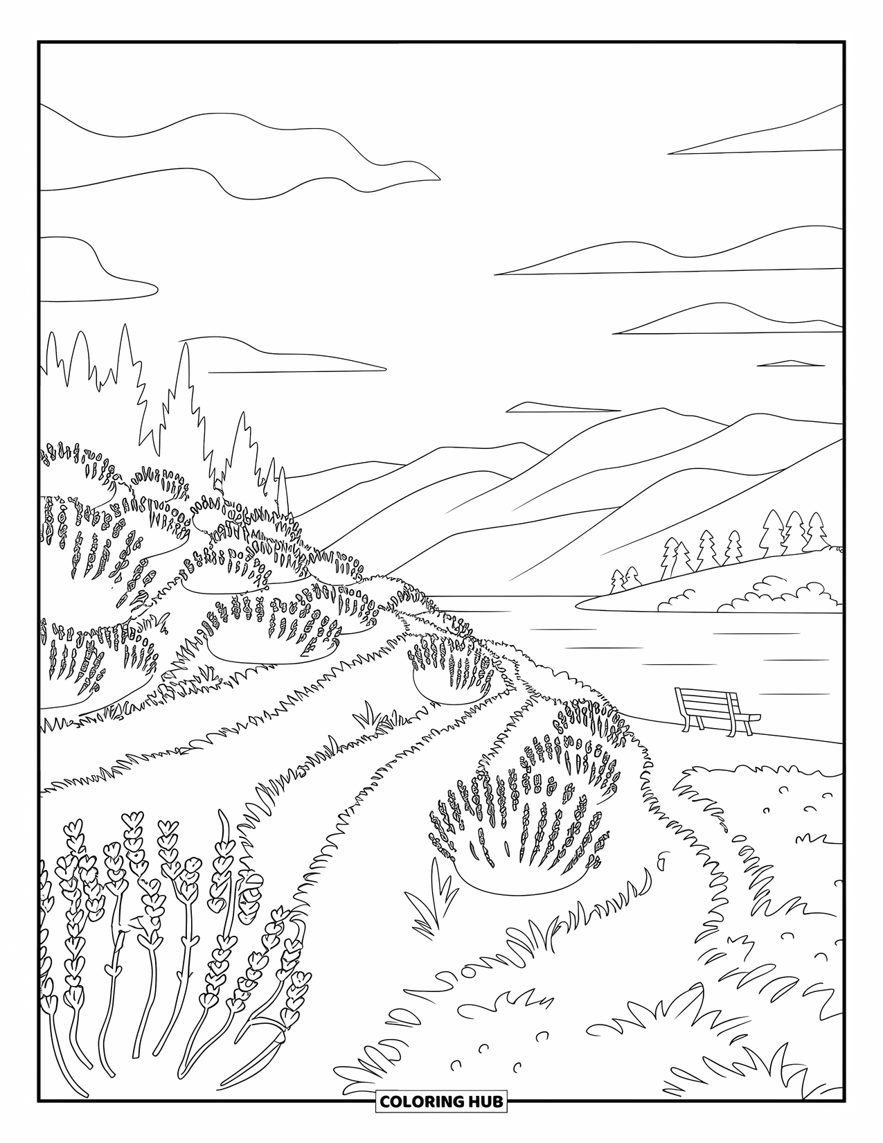 Landscape Coloring Page for Kids: A wooden bench rests by a lavender hill near a tranquil lake