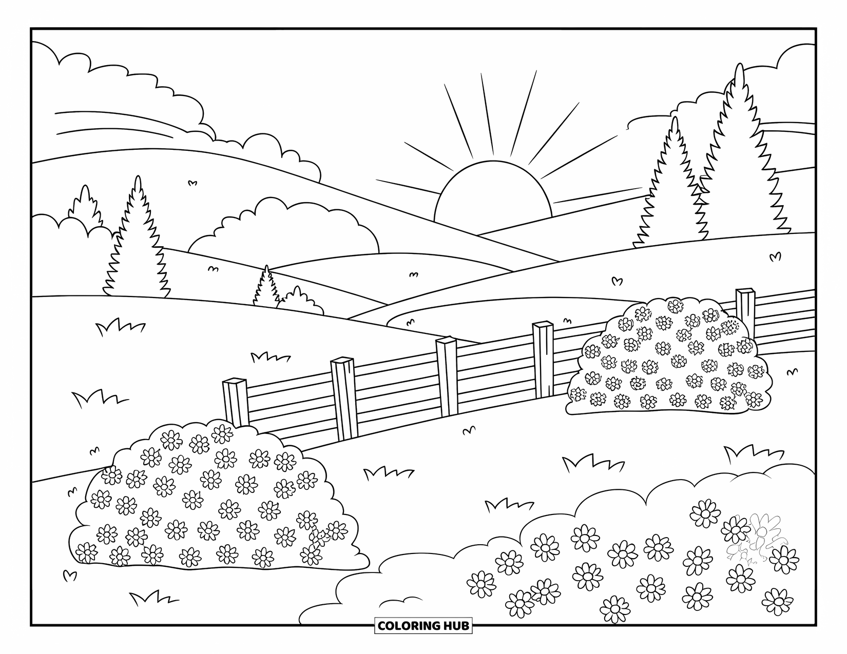 Landscape Coloring Page for Kids: A wooden fence and trees brighten this simple sunny meadow